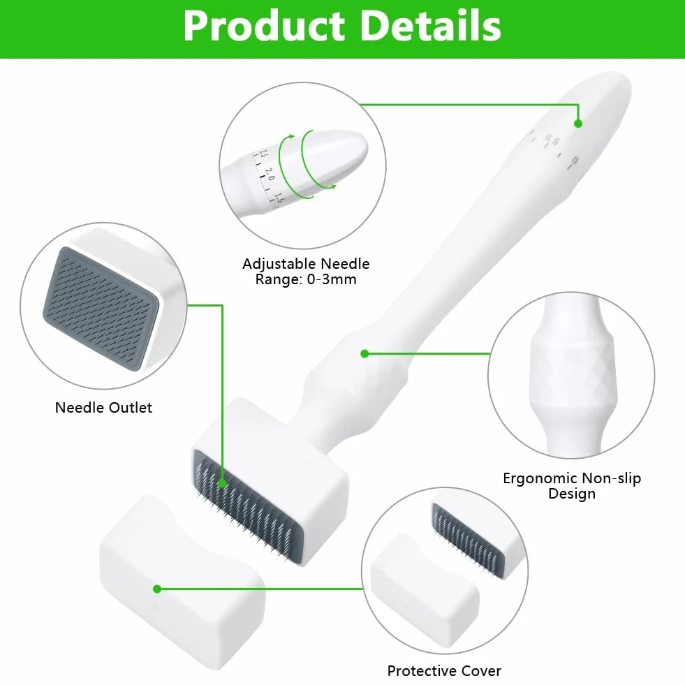 Microneedle Derma Roller Stamp Pen 0-3 mm regulowane igły, 140 tytanowa profesjonalna stempel mikroigłowy z antypoślizgowym uchwytem, ręczny długopis do twarzy, ciała, włosów, brody, pielęgnacji