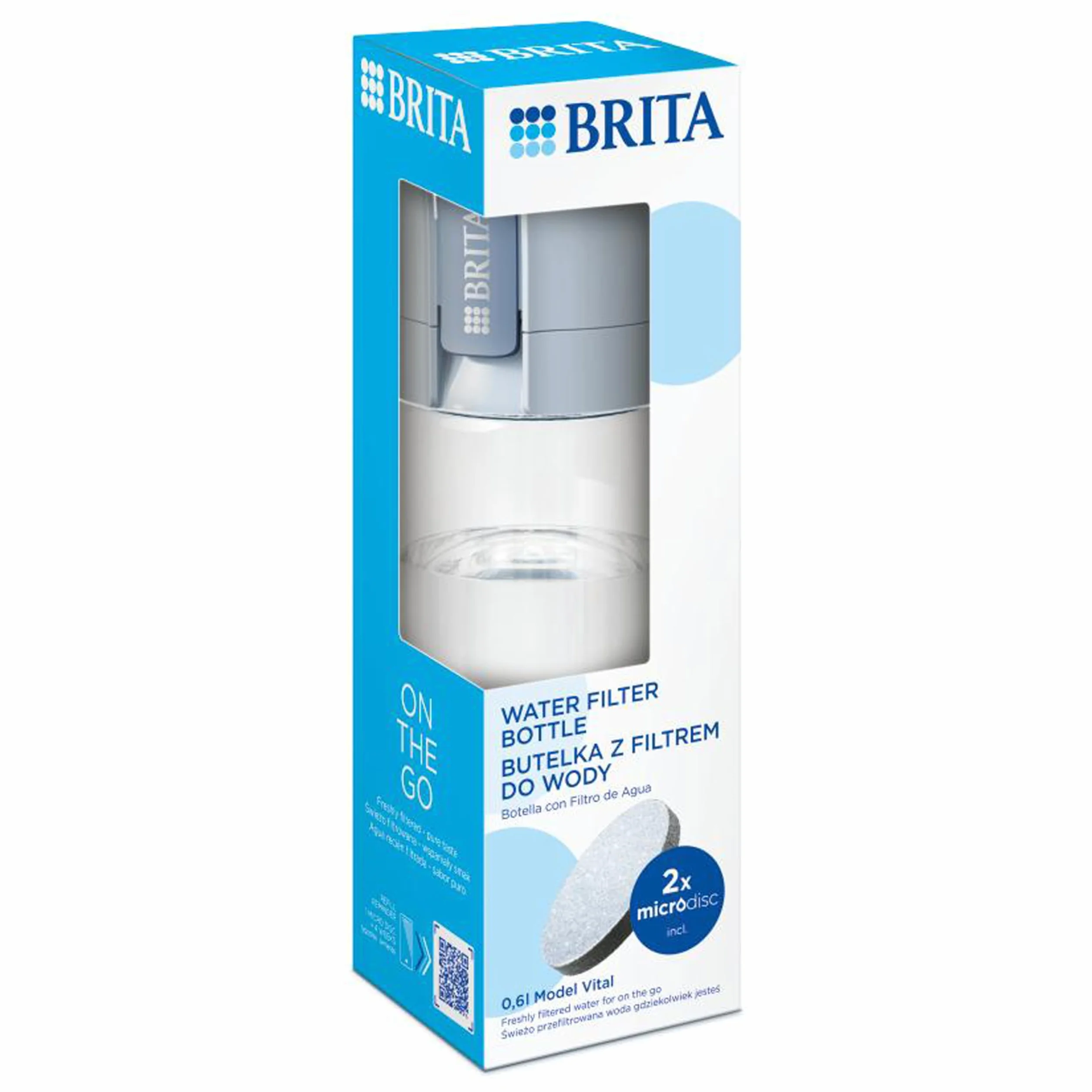 BRITA Butelka filtrująca Vital pastelowy błękit (0,6l) zawiera 2 filtry MicroDisc - filtruje chlor, zanieczyszczenia, hormony i pestycydy, zachowuje cenne minerały