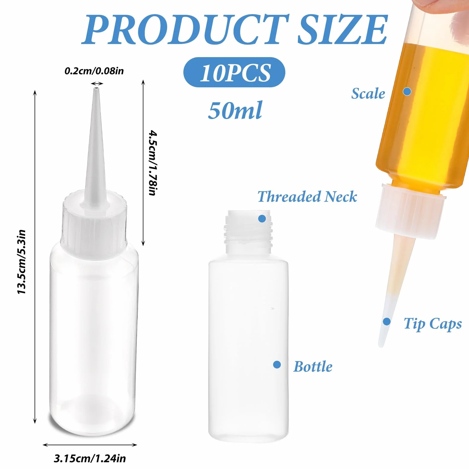 10 sztuk 50 ml butelki do wyciskania, przezroczyste butelki na płyny, puste butelki, małe butelki do wyciskania z 10 głowicami do wyciskania płynów, kleju, sosów i olejów