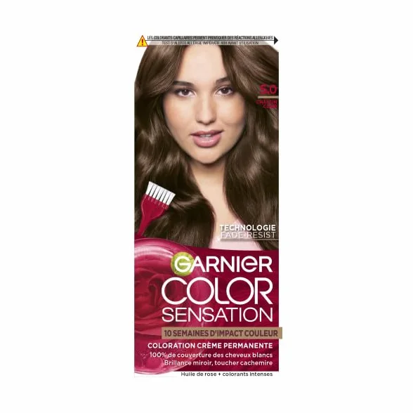 Garnier Color Sensation Coloration, jasny brąz 5.0, trwały krem do farbowania, wszystkie rodzaje włosów, kolor do 10 tygodni i zakrywa białe włosy 100%
