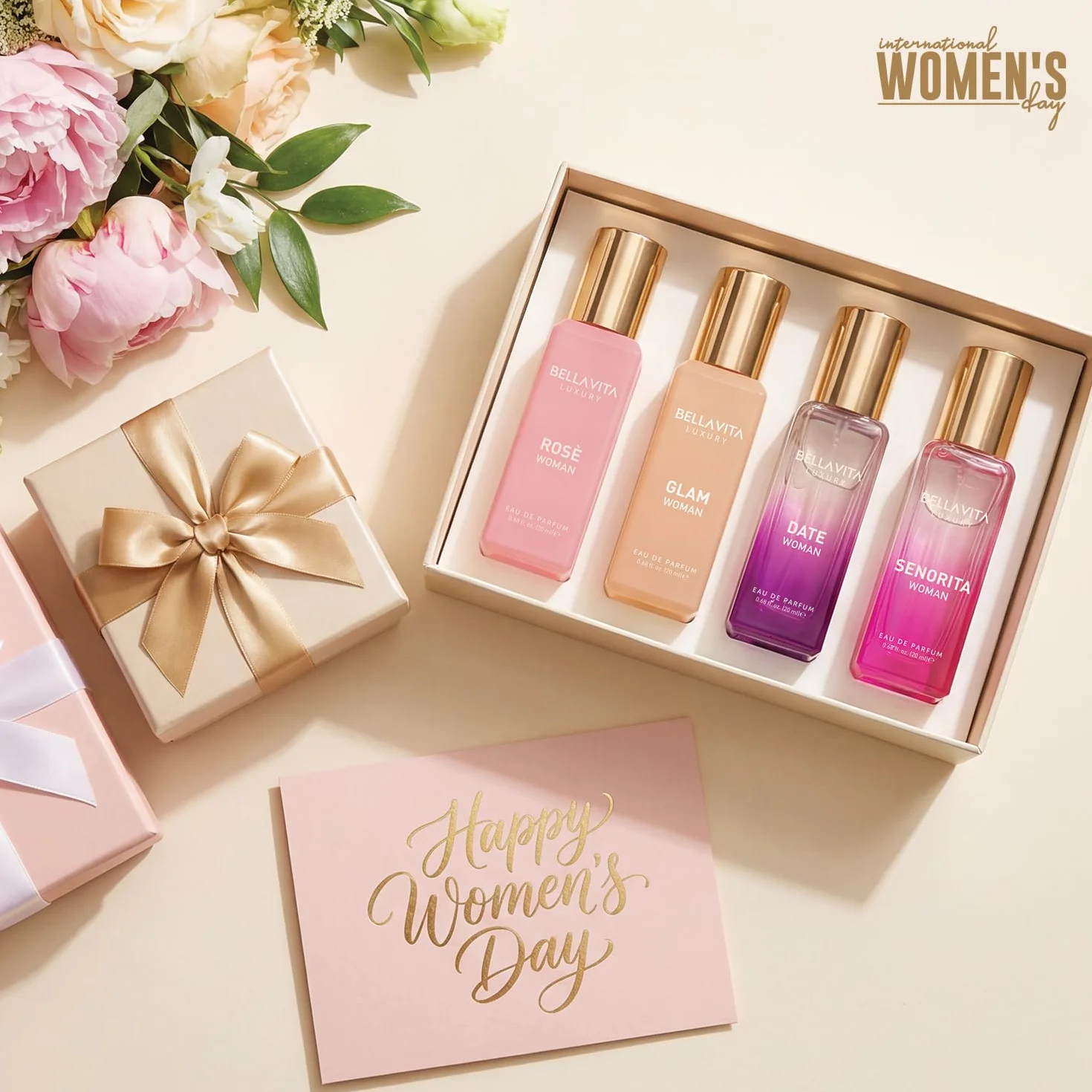 BellaVita Luksusowy zestaw upominkowy dla kobiet (4 x 20 ml) | DATA, SENORITA, GLAM, ROSE | Sweet Floral, Musk & Vanilla Perfume | Cologne Pheromone Perfume for Women | Zestaw upominkowy dla kobiet |