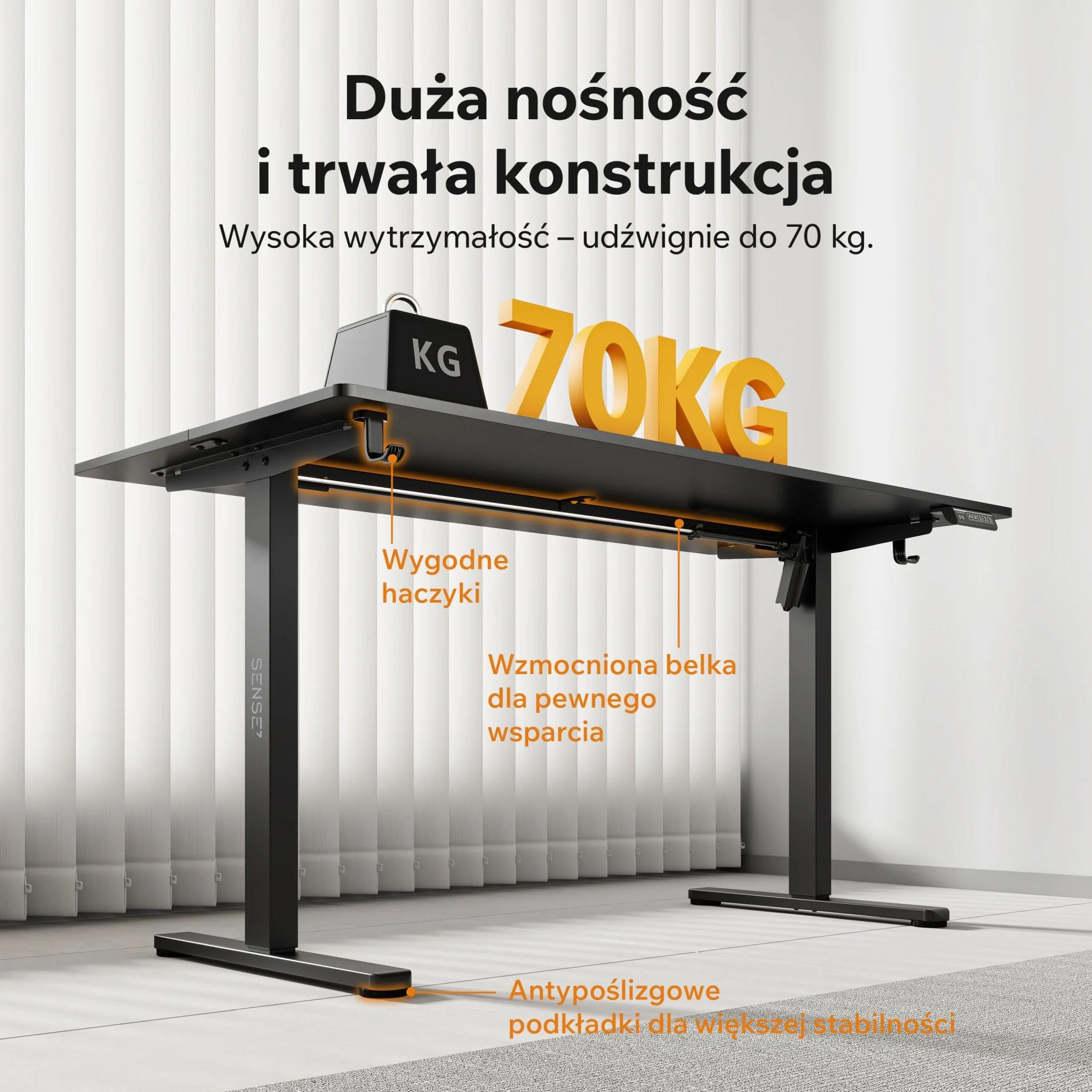 SENSE7 Nojo Light Czarne Biurko Elektryczne 140x70cm 70kg Pamięć Ustawień Cichy Silnik