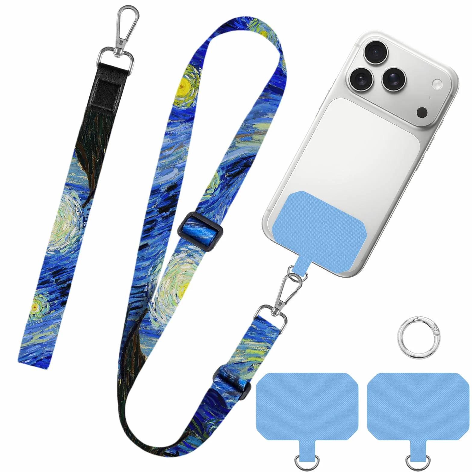 flintronic Smycz do telefonu komórkowego, regulowana smycz z 4 naszywkami, regulowany, uniwersalny pasek do telefonu komórkowego, pasek na szyję, Crossbody, pasek na nadgarstek, kompatybilna z