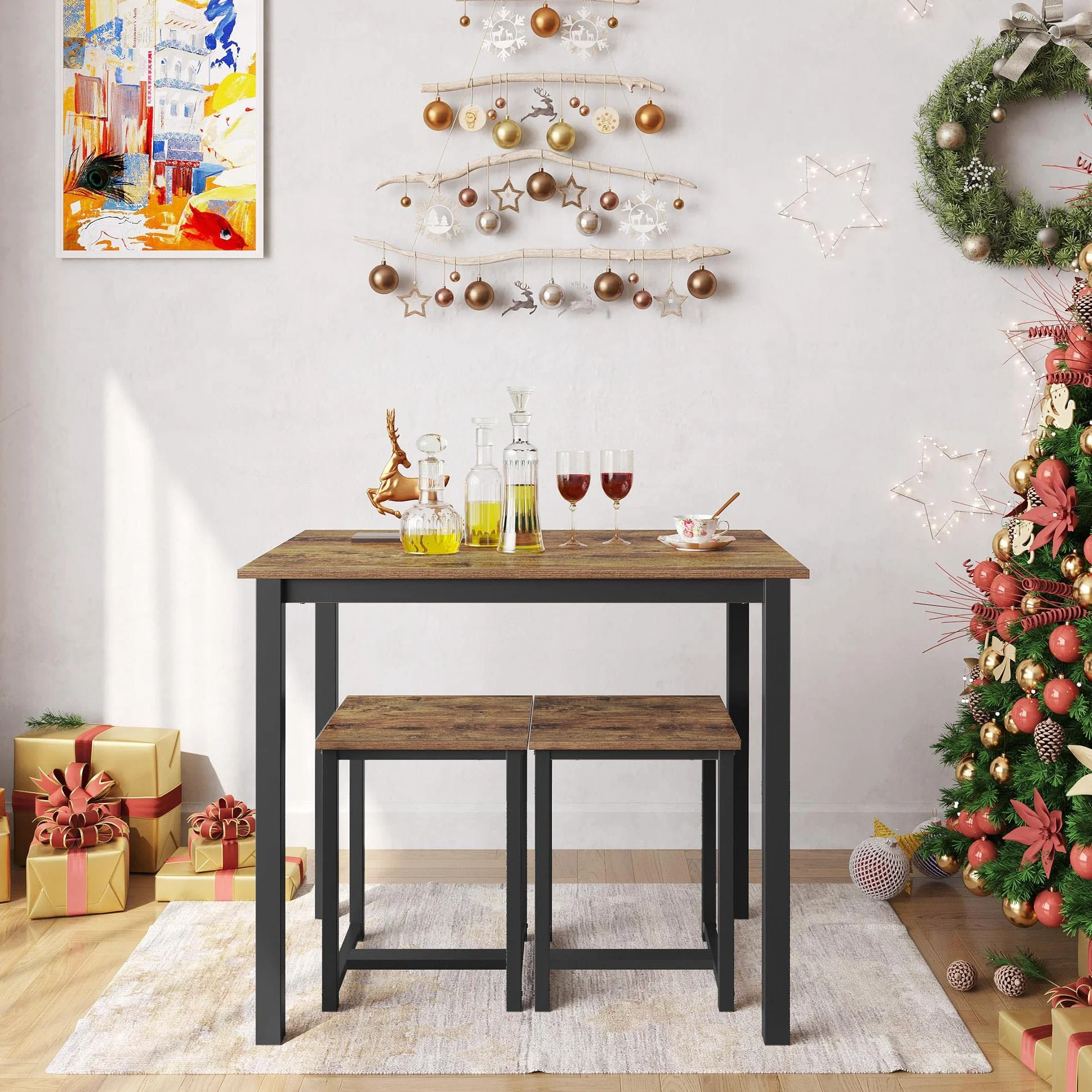 Yaheetech Zestaw Stołów Barowych z 2 Stołkami 90 x 60 x 75 cm Drewniany Brązowo-Czarny