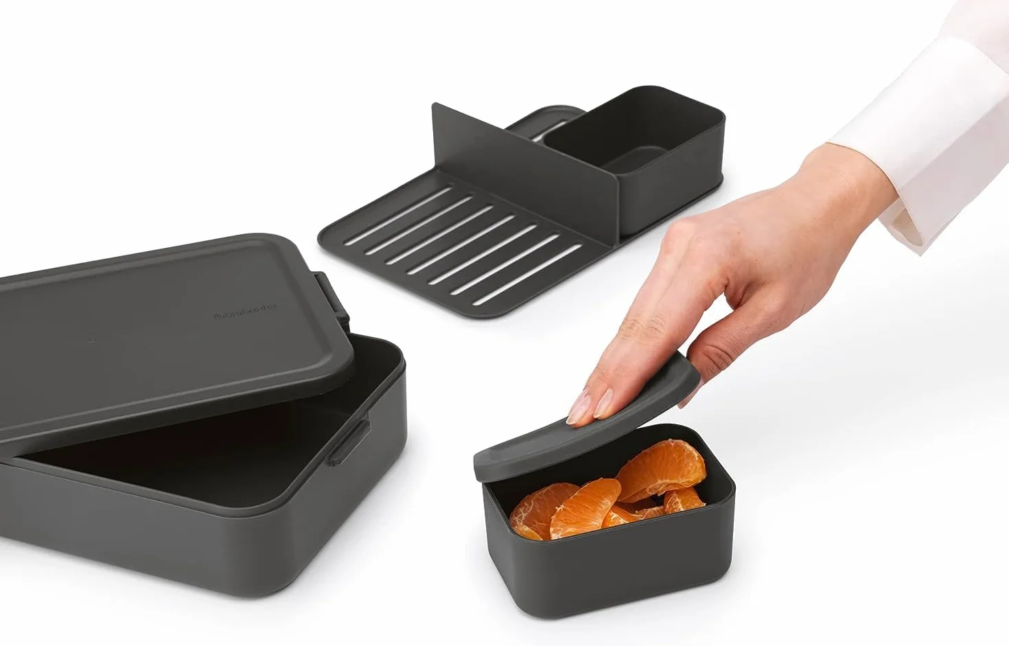 Brabantia - Make & Take Pojemnik na Lunch Bento - Duży - Wyjmowane Przegródki do Jedzenia - Pokrywka z Klipsami - Nadaje się do Zamrażarki, Zmywarki & do Mikrofalówki - Dark Grey - 26 x 17 x 6 cm