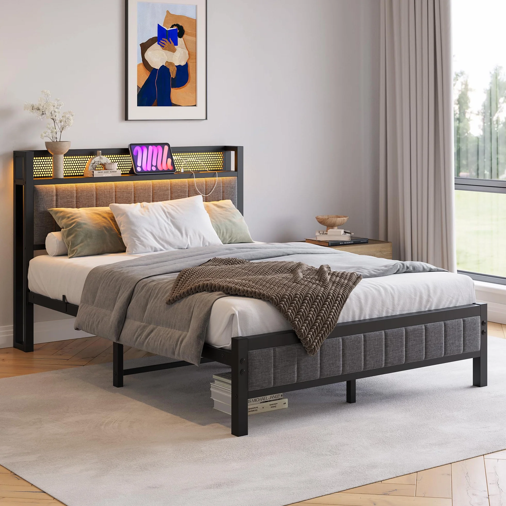 Metalowe łóżko tapicerowane z diodami LED 120x200 cm ze stelażem i zagłówkiem