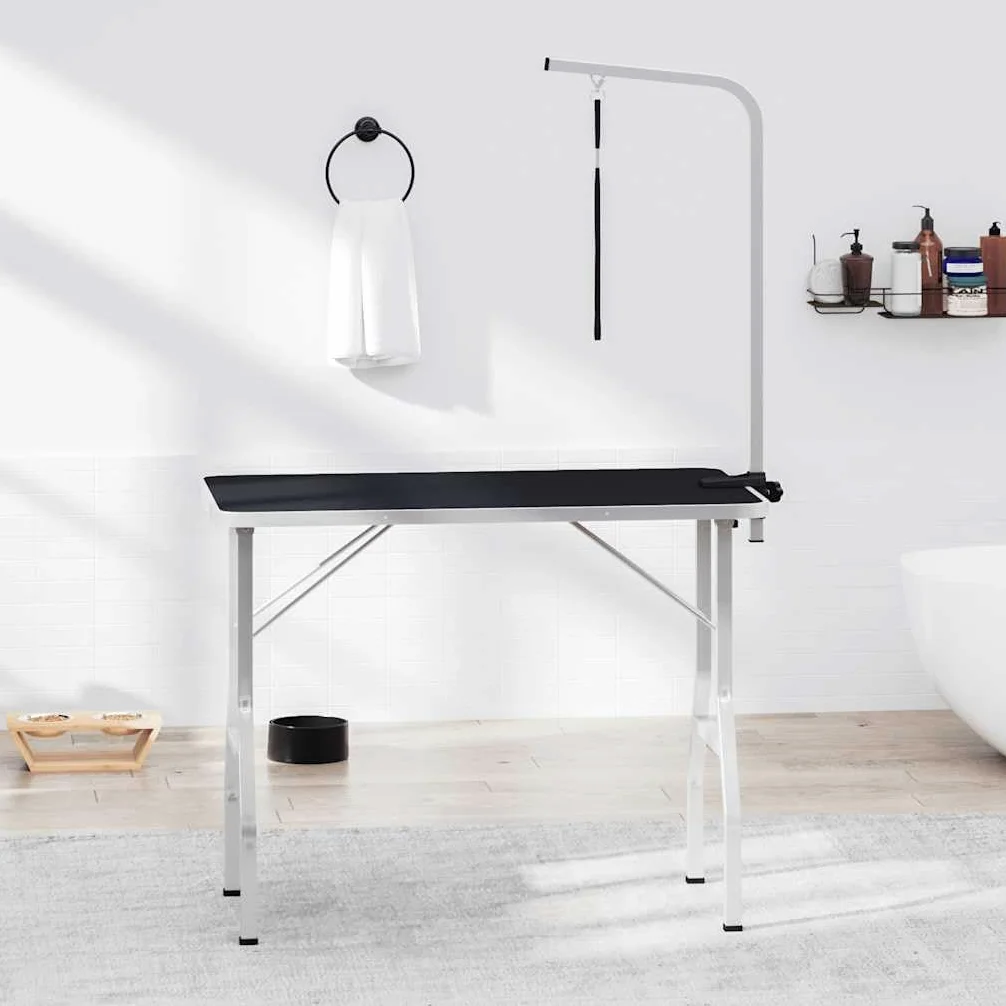 Regulowany stół do trymowania dla psów z 1 pętelką, składany, 110 x 60 x 76 cm, stal nierdzewna, materiał drewnopochodny, aluminium, antypoślizgowa powierzchnia do pielęgnacji sierści, salonu
