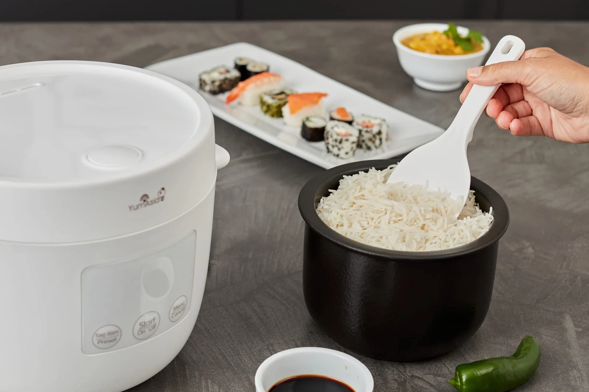 Yum Asia Tsuki miniryżowar z ceramiczną miską Shinsei (2,5 filiżanki, 0,45 litra), 5 funkcji gotowania ryżu, 2 funkcje multicooker, (Kamyk Biały)