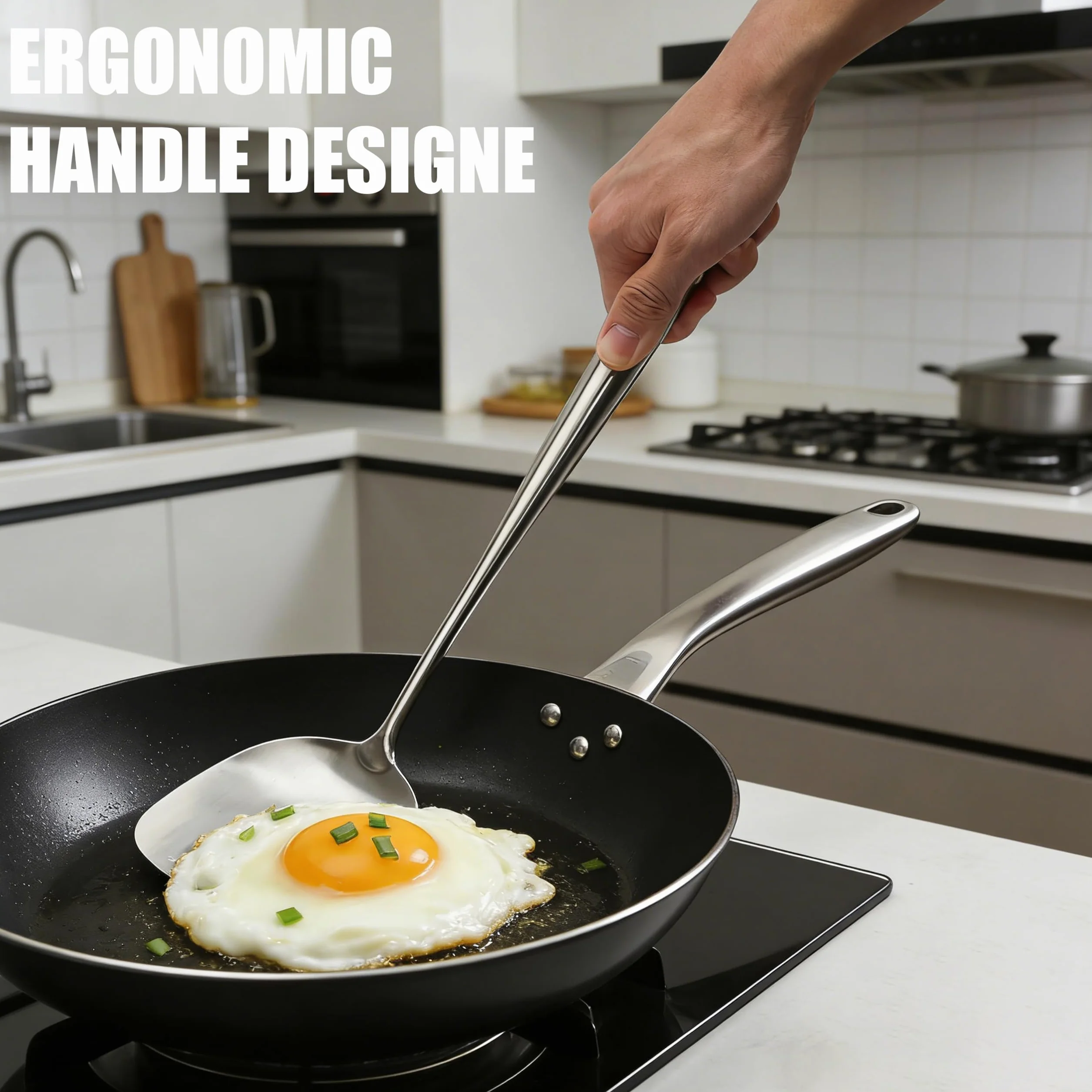 Zestaw 2 szpatułek ze stali nierdzewnej, łopatka do smażenia i z otworami, ergonomiczne uchwyty