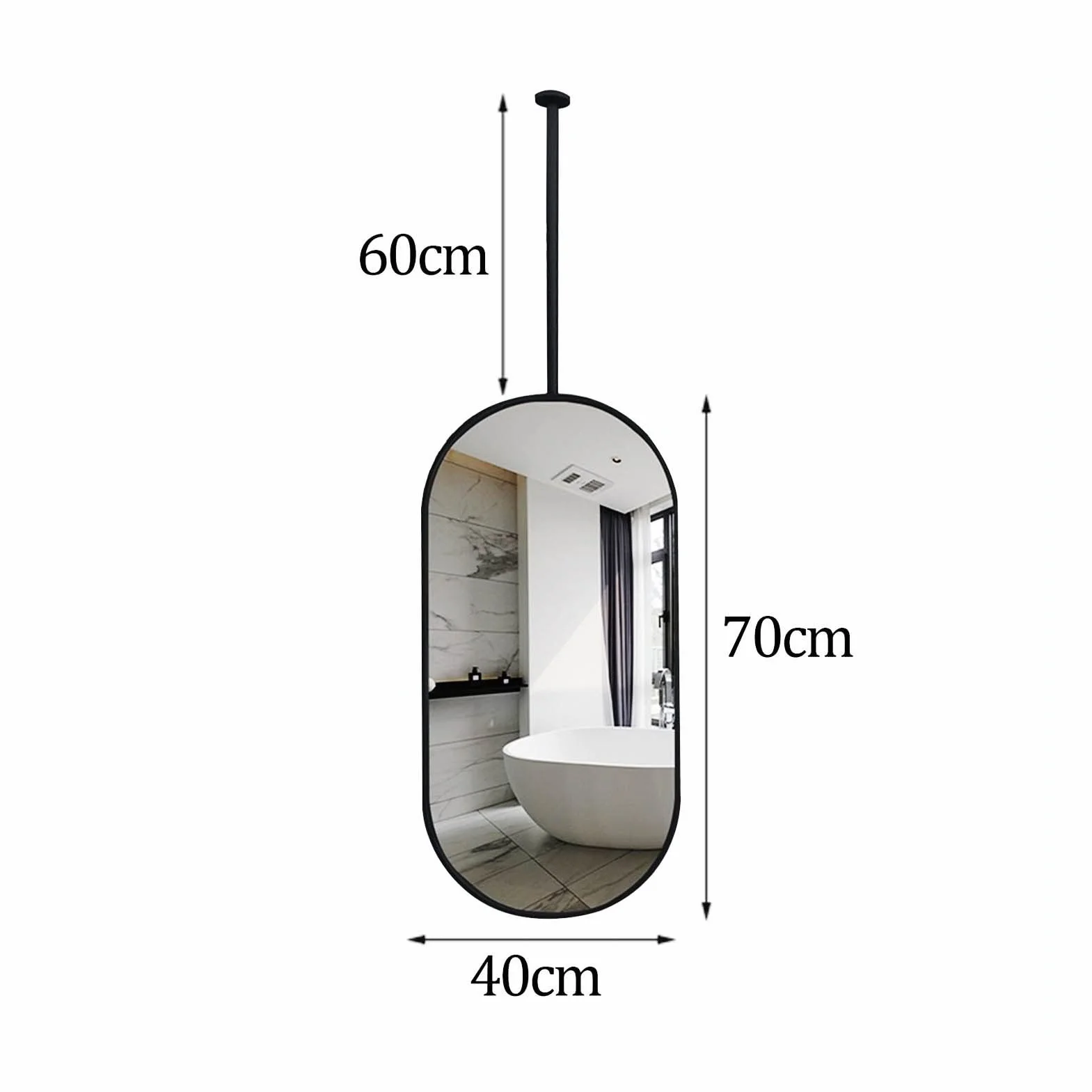 Lustro na wiszącym pręcie 40cmx70cm czarne do łazienki