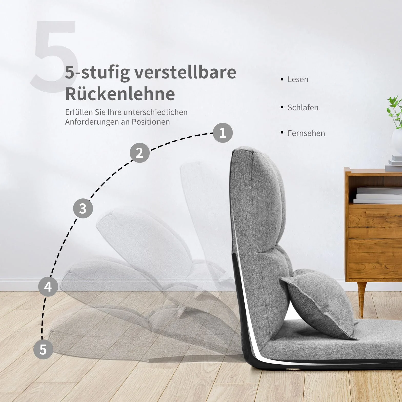 GOPLUS Krzesło podłogowe, fotel podłogowy z 5-stopniową regulacją oparcia i poduszkami, sofa podłogowa z funkcją spania, obciążenie do 100 kg, fotel do czytania, leżak do medytacji, do salonu (szary)