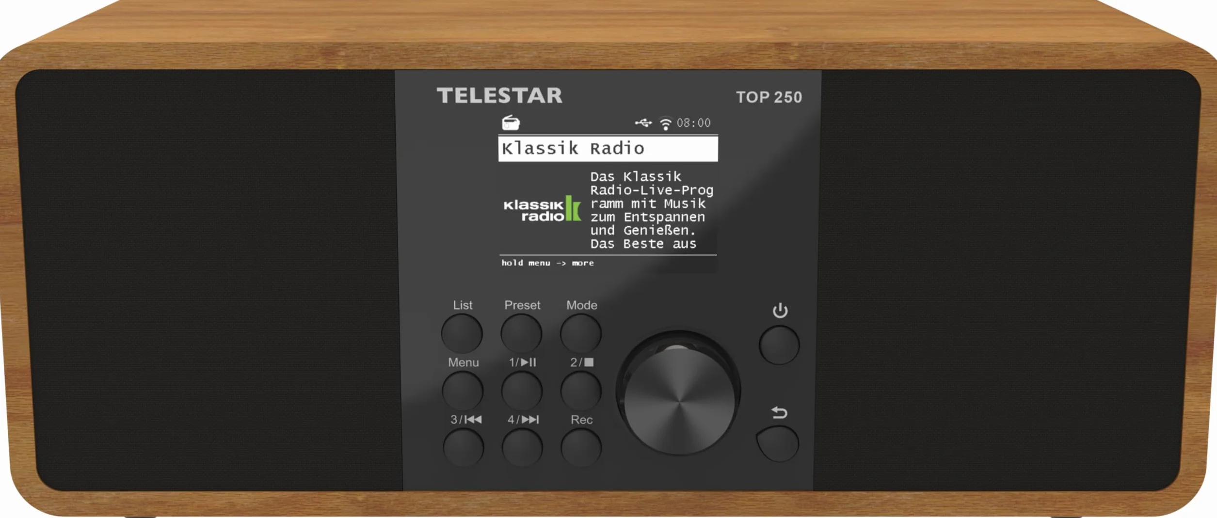 TELESTAR TOP 250 – DAB+/radio internetowe (stereo, 2 × 10 W, funkcja nadawania/odbioru Bluetooth, nagrywanie USB, system alarmowy, sterowanie aplikacją) – drewno