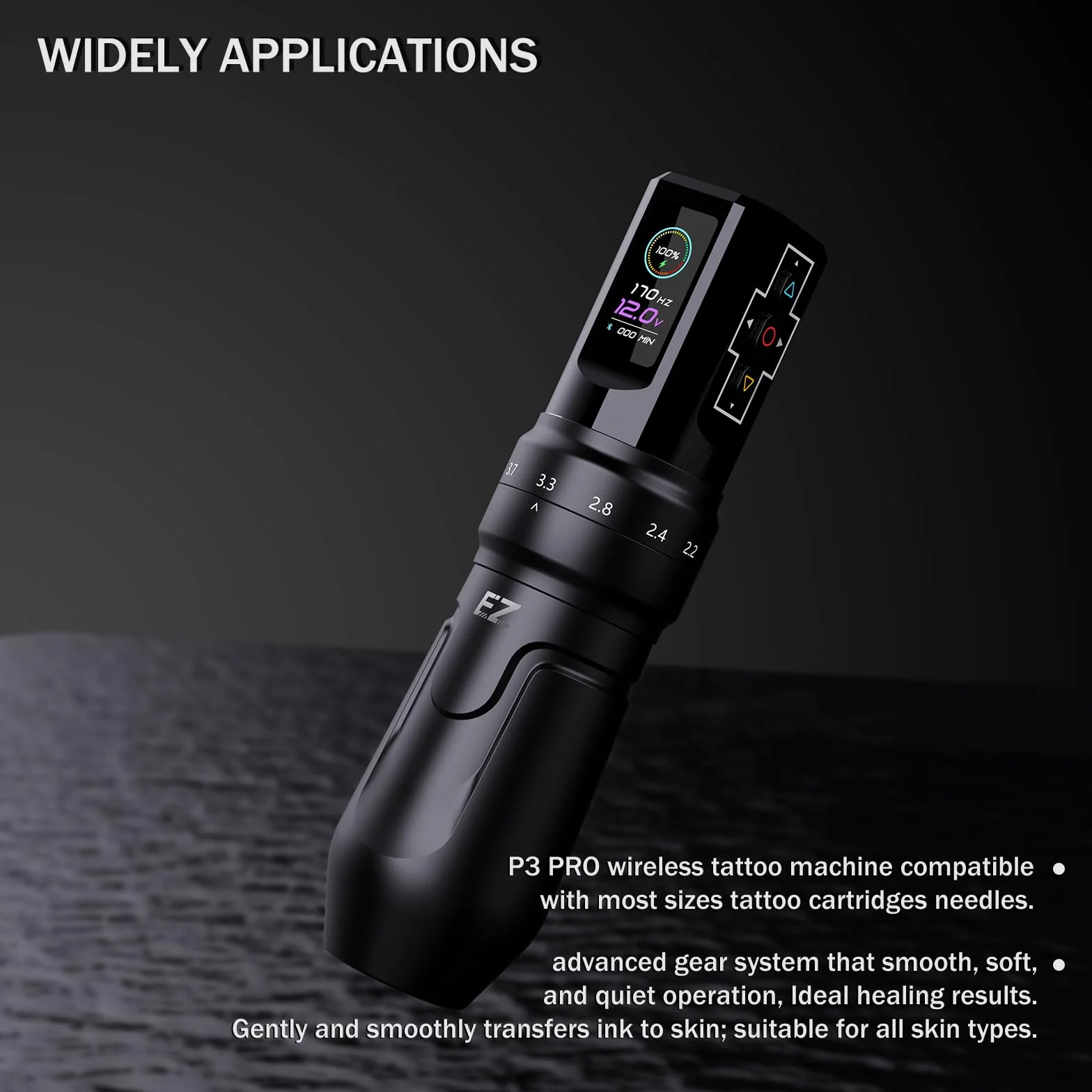 EZ P3 Pro Bezprzewodowa Maszynka do Tatuażu - 6 Uderzenia 2.0, 2.4, 2.8, 3.3, 3.7, 4.2mm Bluetooth Długopis do Maszynki do Tatuażu z 1600mAh Zasilanie Bateryjne (Czarny Połysk)