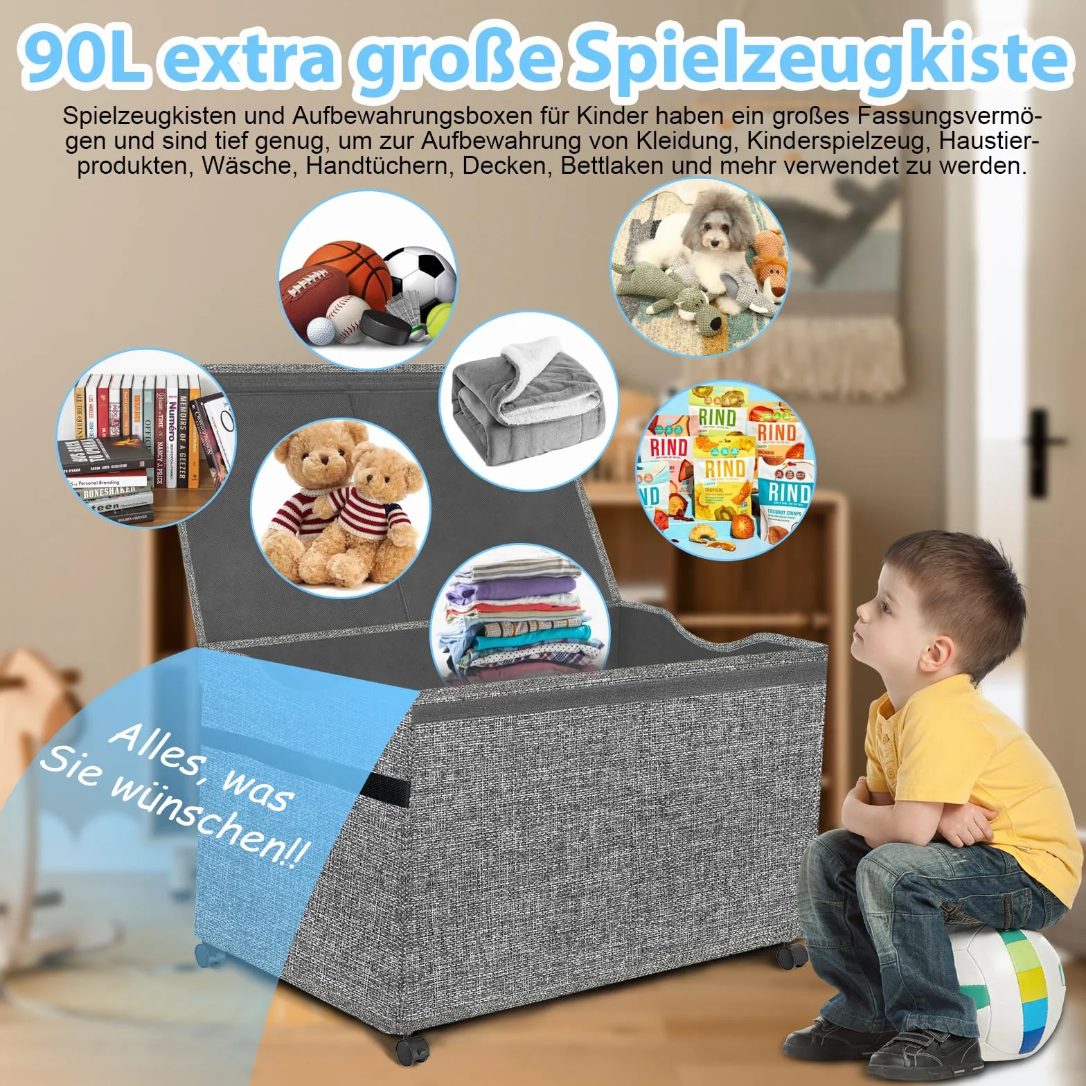 Pudełko do przechowywania z kółkami 360° dla dzieci, pudełko na zabawki z pokrywką, przytulanka, 83 l, składane pudełko do przechowywania z uchwytami, duże do pokoju dziecięcego, ubrania dla dzieci,