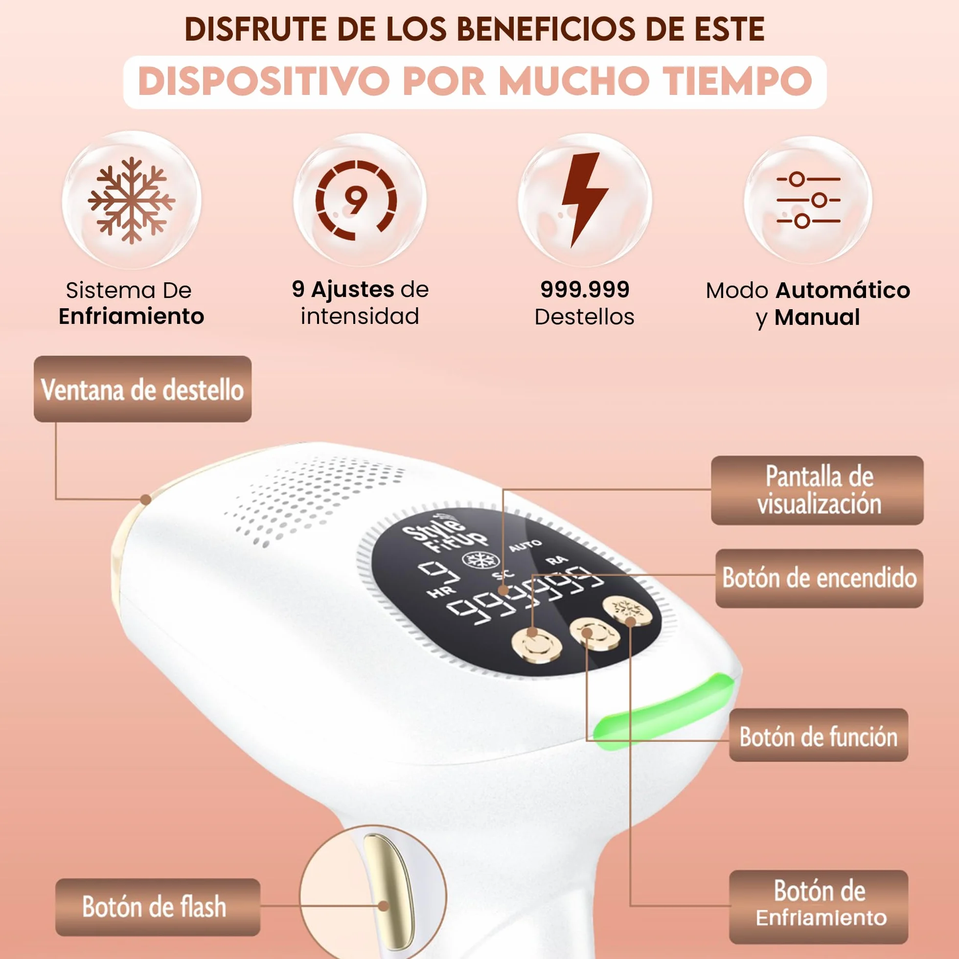 IPL Pulsed Light Depilator, urządzenie IPL funkcja chłodzenia, 2 wymienne nasadki, do 999,999 błysków, HR/RA/SC, 9 intensywności, bezbolesne laserowe usuwanie włosów dla kobiet i mężczyzn.