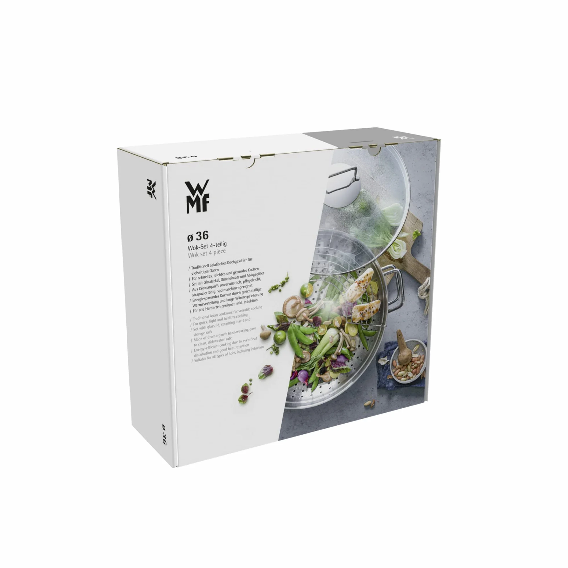 WMF Party wok 4-częściowy zestaw do gotowania na wok z pokrywką, 36 cm, 4,5 l, kratka do odkładania, wkładka do amortyzatora ze stali szlachetnej Cromargan, polerowana, niepowlekana, indukcyjna