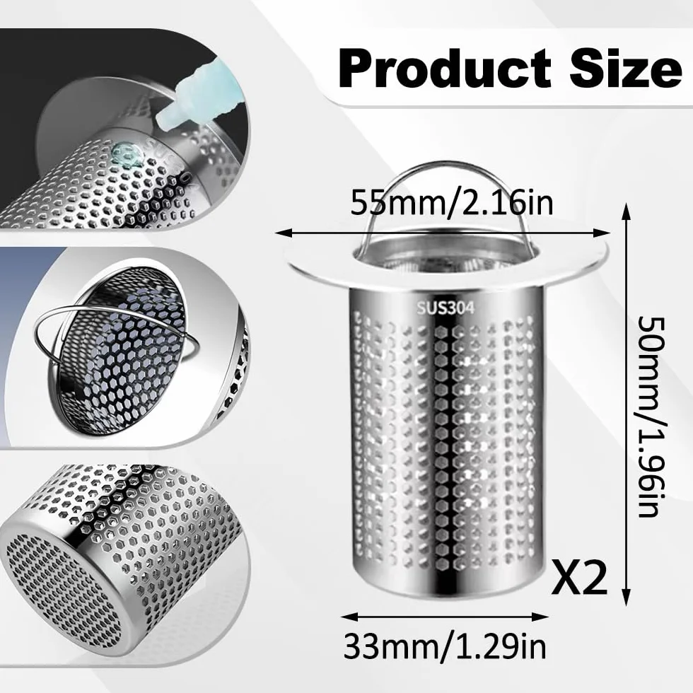 2 sztuki sitko do odpływu prysznica z uchwytem, 33 × 50 mm, sitko do odpływu umywalki, stal nierdzewna, sitko do włosów, filtr odpływowy do filtrowania włosów, do kuchni, łazienki i na balkon