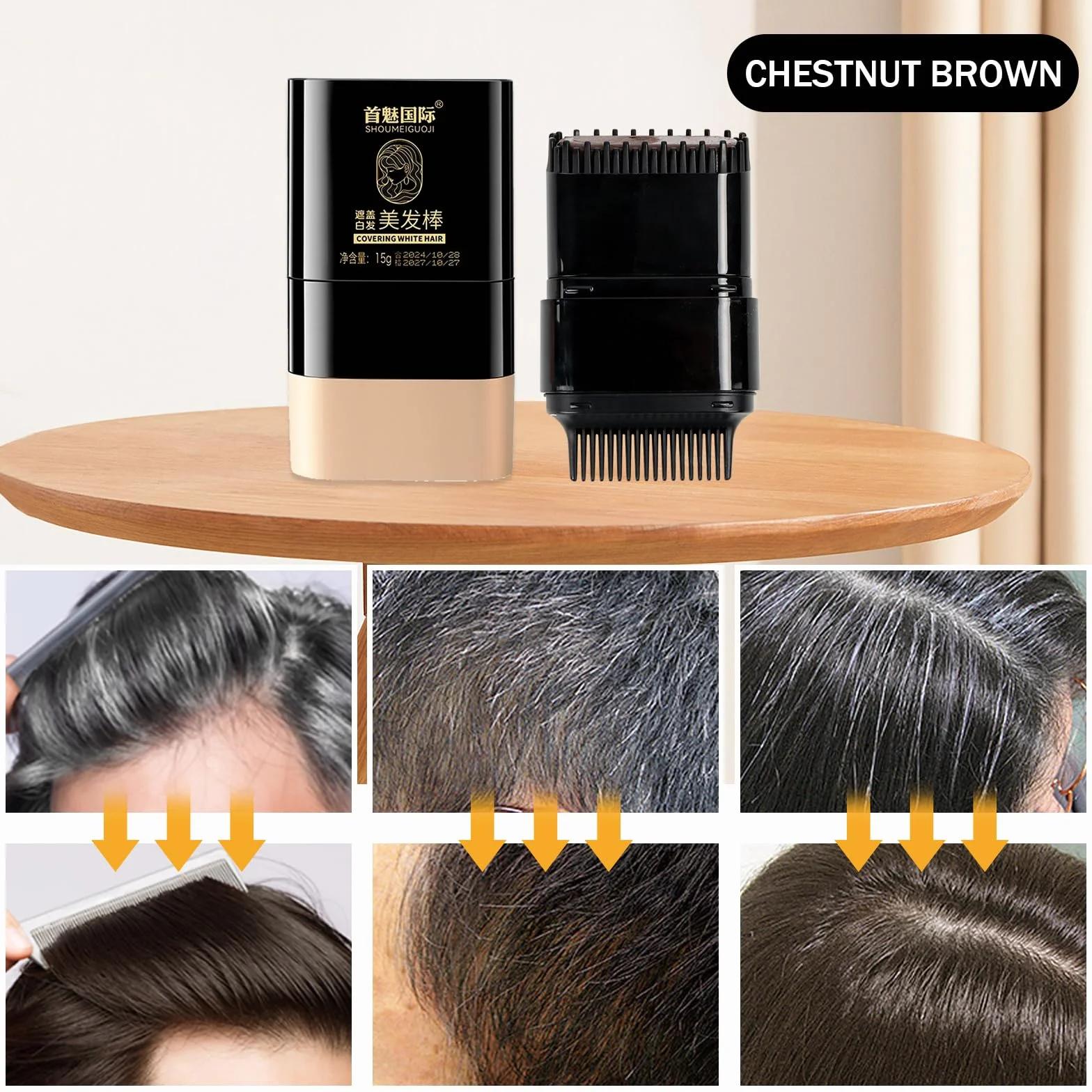 Natychmiastowa farba do włosów 2 w 1 z wbudowanym grzebieniem do korekcji, wodoodporna i odporna na pot, idealna do siwych włosów, Instant Color Stick with Built-In Comb (Dark Brown)