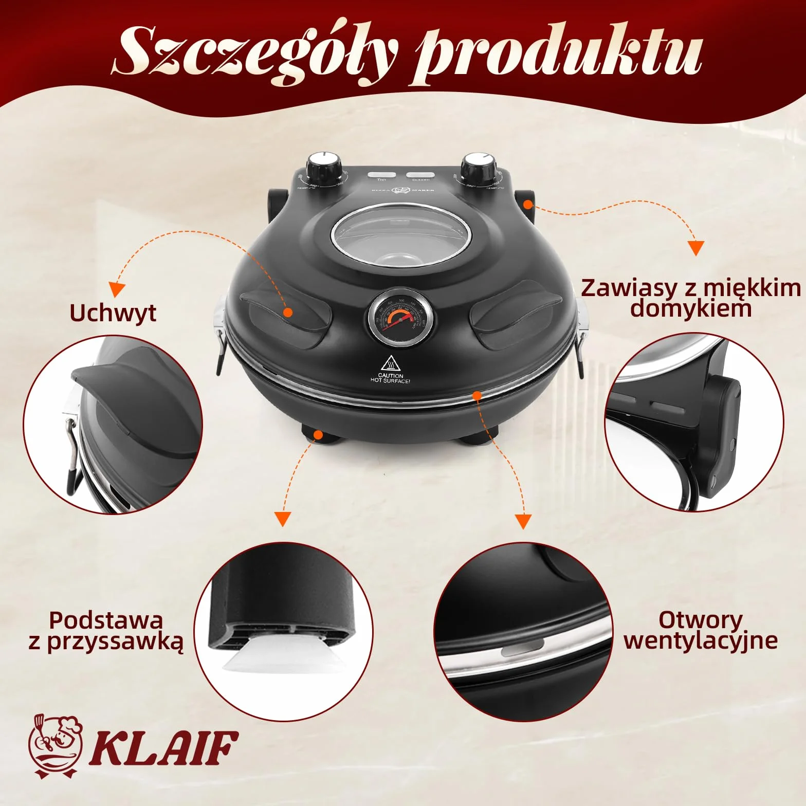 KLAIF Piec elektryczny do pizzy do blatu roboczego z kamieniem ceramicznym 31 cm, dwiema regulowanymi regulatorami temperatury, w zestawie 4 narzędzia do pizzy, LMC-czarny