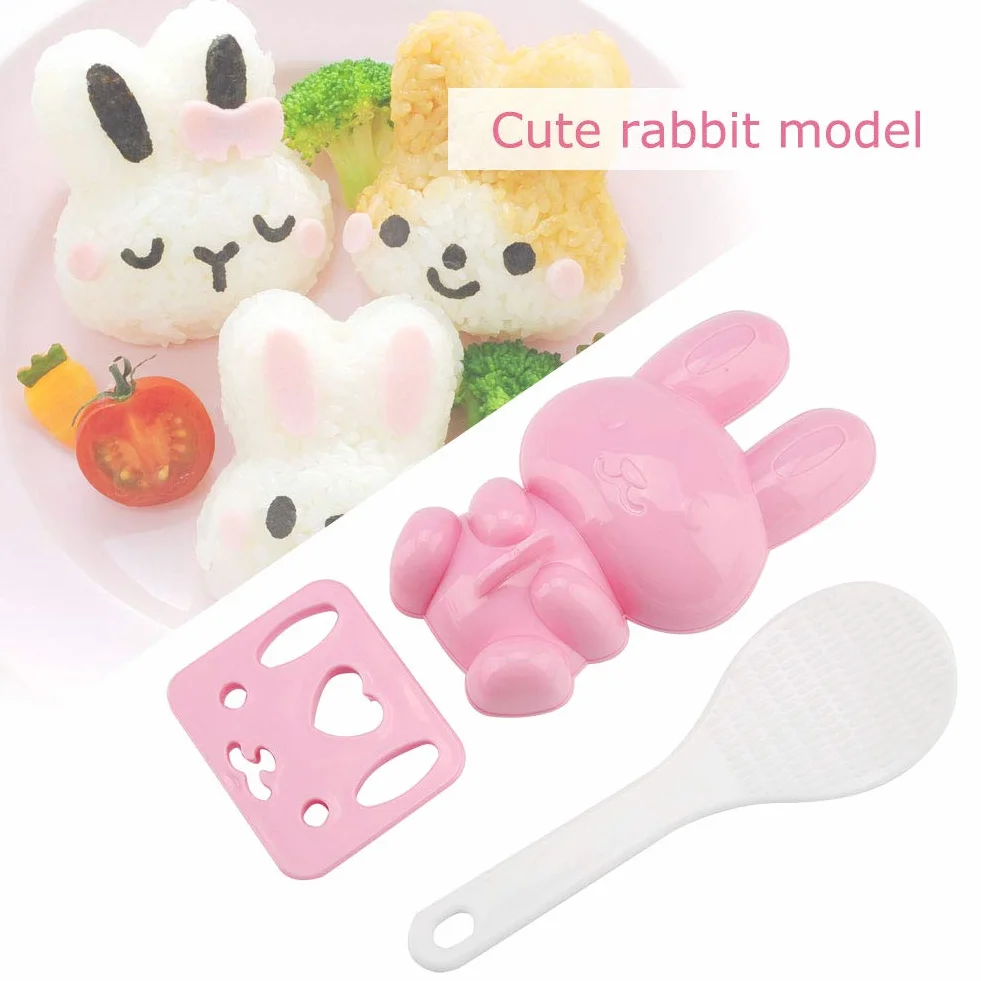 Lebensmittelqualität PP Cartoon Kaninchen Modell 3 Stücke Sushi Reisform DIY Handwerk Onigiri Werkzeug Pink