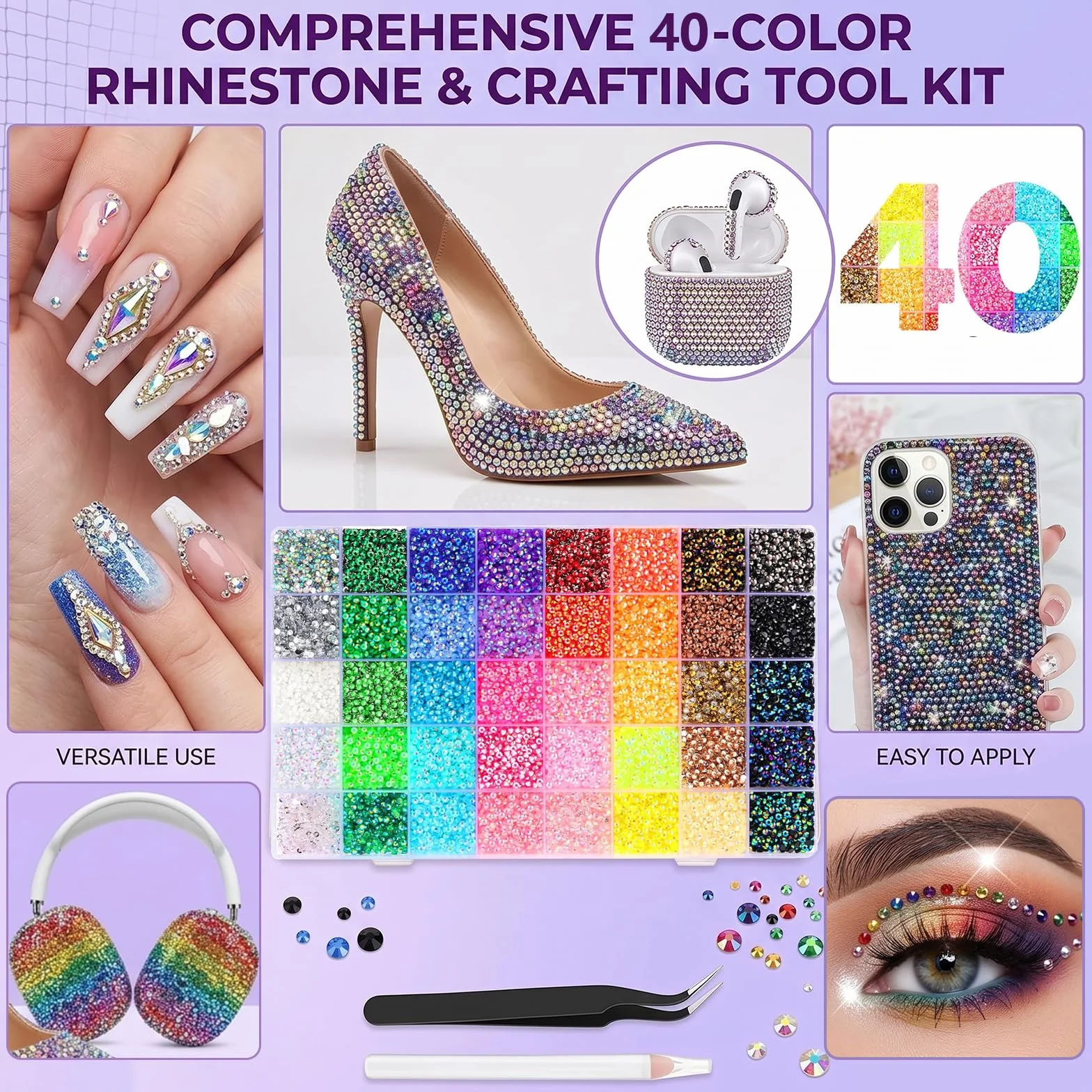 Zestaw do ozdabiania Bedazzler 35 000 sztuk kryształków typu Jelly w 40 kolorach, żywiczne kamienie o płaskim spodzie (3 mm) do zdobień w stylu Diamond Art w komplecie z, pęsetą i aplikatorem