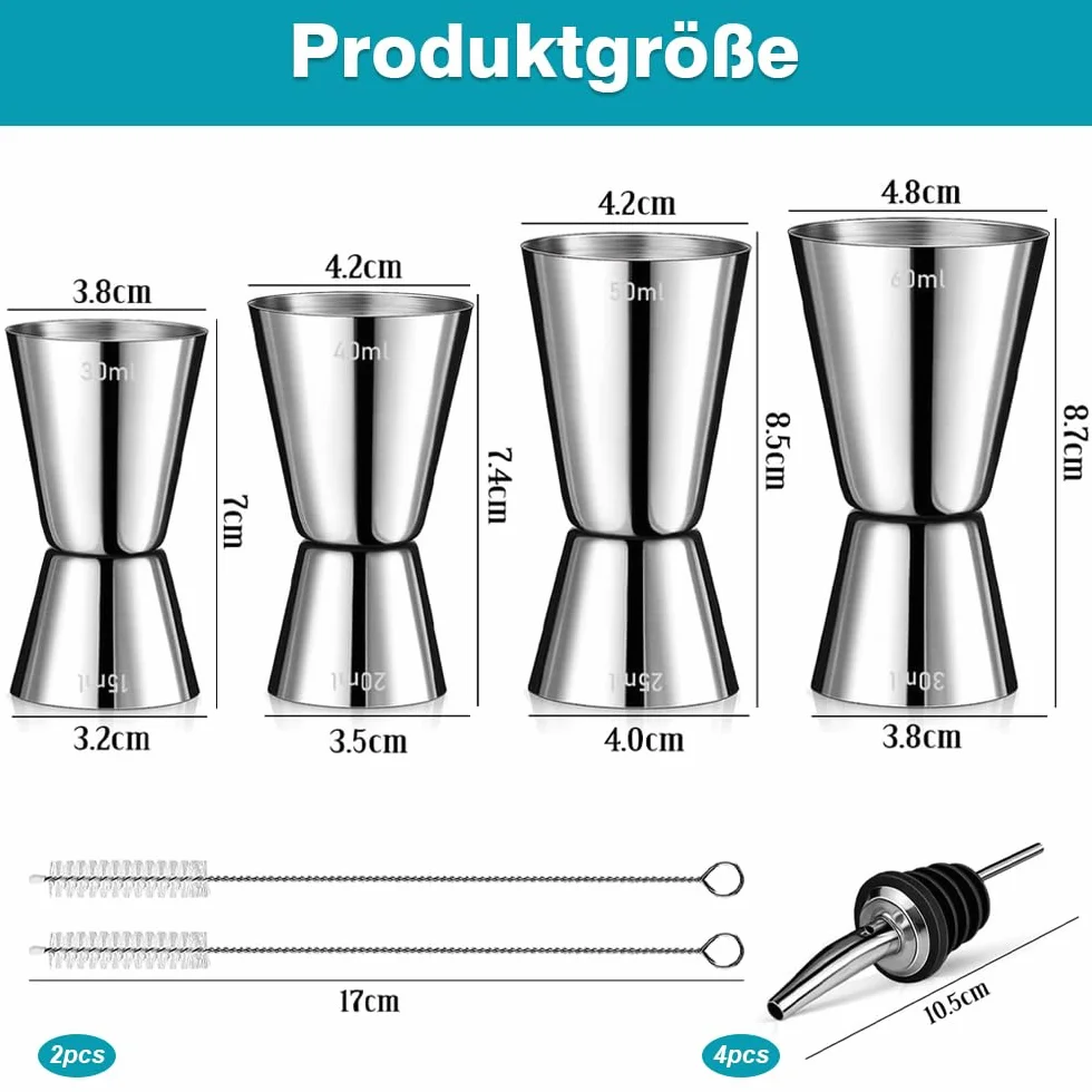 Podwójny jigger ze stali nierdzewnej 4 sztuki 3cl/4cl/5cl/6cl z lejkami do butelek