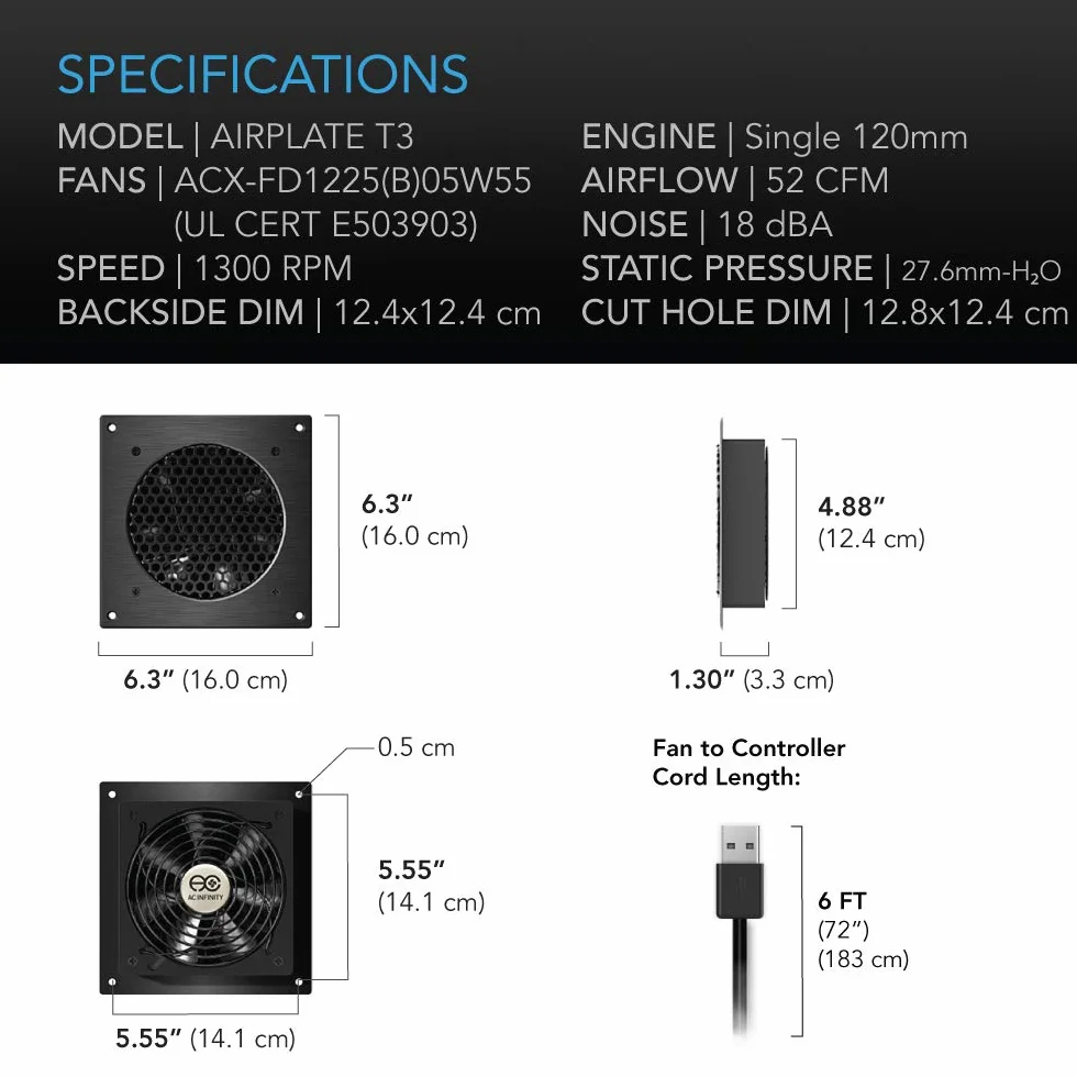 AC Infinity AIRPLATE T3 cichy wentylator chłodzący z termostatem do szaf AV