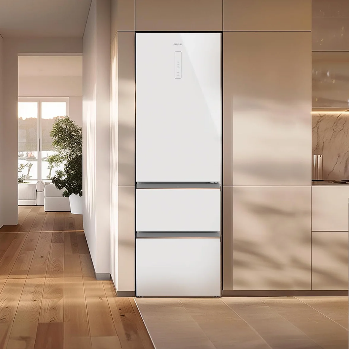 Cecotec Lodówka Francuskie Drzwi 400 L Bolero Coolmarket Combi Fd 400 White Glass E Nofrost Total System Multi Airflow Cicha sprężarka inwerterowa