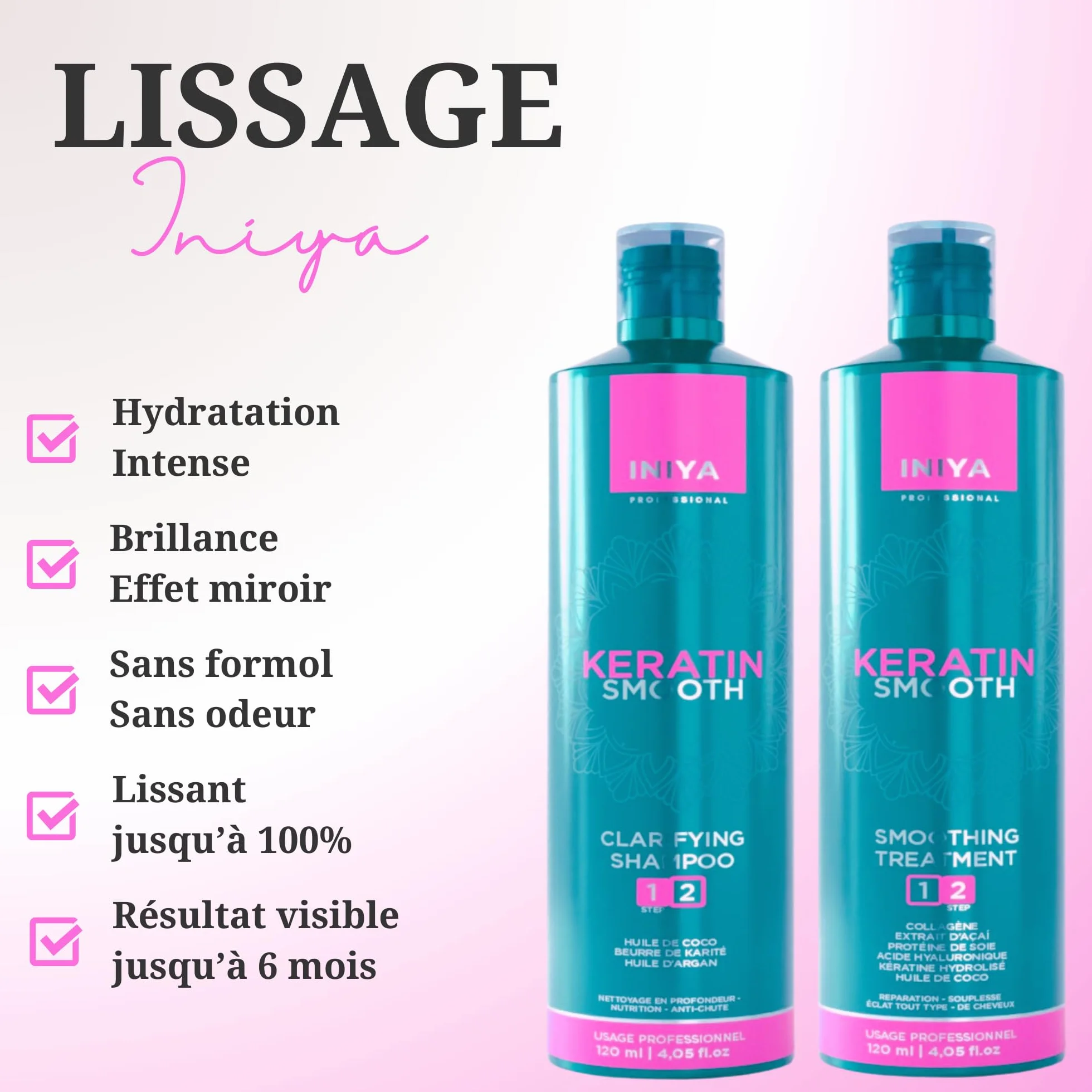 Brazylijski Iniya Keratyna Smooth Free Formol | Brazylijski zestaw do prostowania keratyny, kolagenu, kwasu hialuronowego i białka | Iniya Professional (2X120ml)