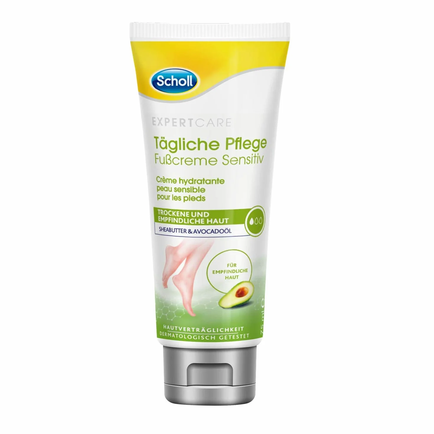 Scholl Expertcare krem do stóp Sensitiv na co dzień – z masłem shea i olejkiem z awokado – przyswajalność potwierdzona dermatologicznie – bezzapachowy – szybko się wchłania, nie natłuszcza, 75 ml