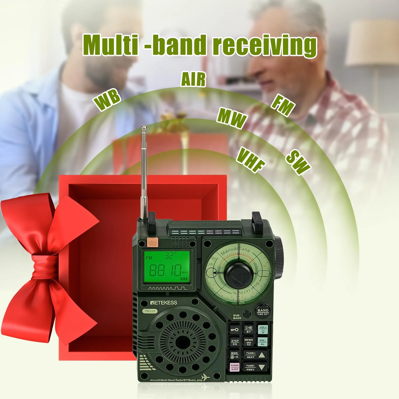 Retekess TR112 krótkofalowe radio, FM VHF SW AIR Band przenośne radio kieszonkowe, obsługa sterowania aplikacją, ładowanie, dźwięk basowy stereo SOS, TF/MP3, odpowiednie dla entuzjastów