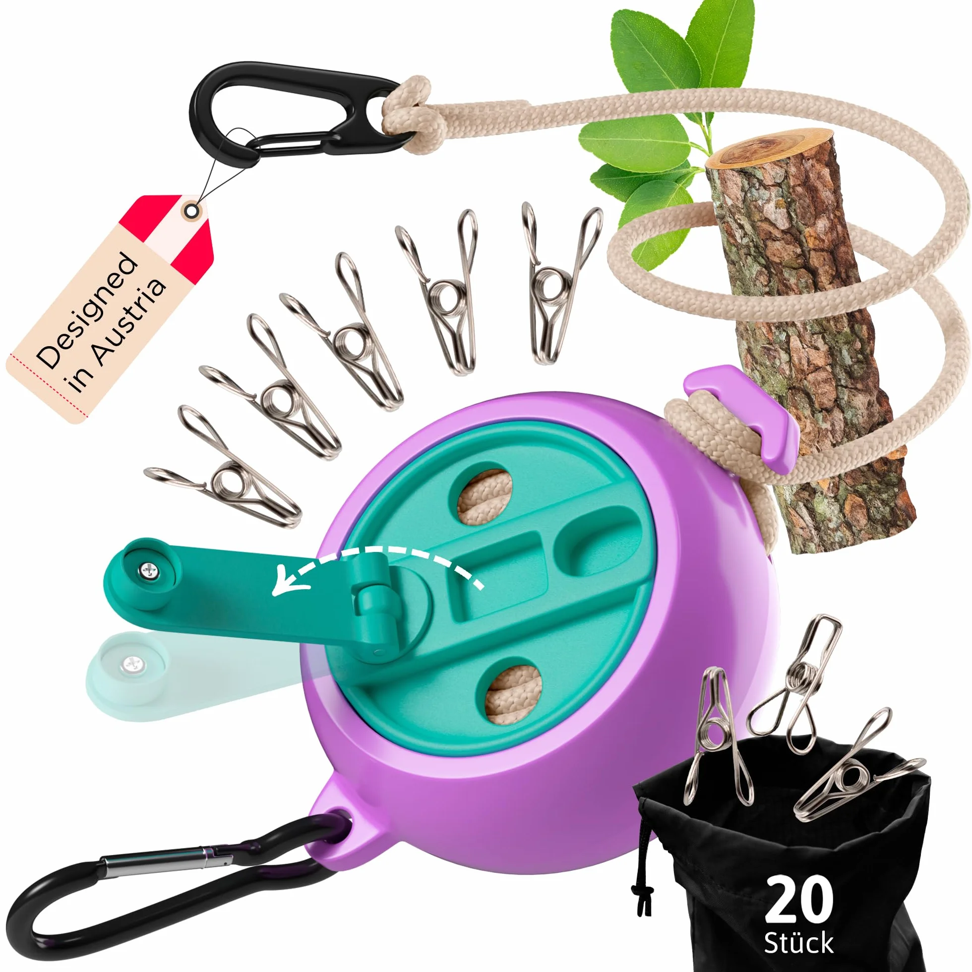 AUTDOOR® Rozsuwana linka do suszenia prania – z rozkładaną korbą ręczną do łatwego zwijania – wytrzymała linka podróżna 10 m na kemping, do kampera i na balkon (pastelowy retro)