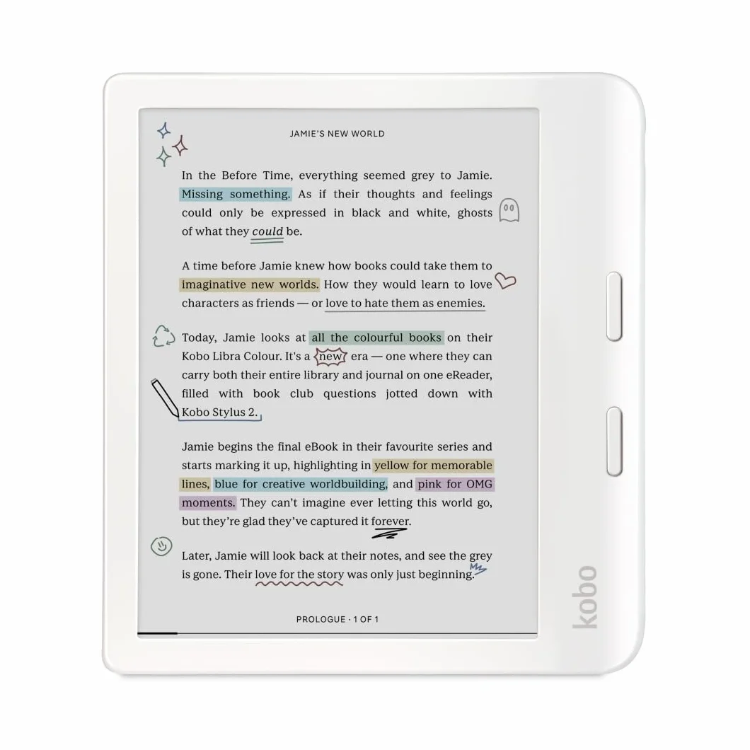 Kobo Libra Colour | eReader | E Ink Kaleido™ 3 7" kolorowy wyświetlacz antyrefleksyjny | Tryb ciemny | Audiobooki | Wodoodporny (biały)