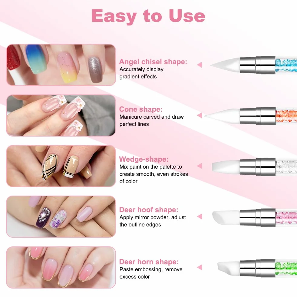5 sztuk silikonowych pędzli, dwustronne pędzle do nail art, pędzle do zdobienia paznokci, zestaw pędzli do malowania i projektowania sztuki, narzędzie do punktowania i rysowania na paznokciach