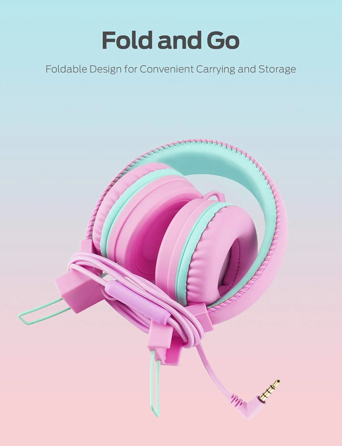 iClever Słuchawki audio, przewodowe słuchawki dla dzieci, regulowana opaska na głowę, dźwięk stereo, składane przewody rozplątane, gniazdo pomocnicze 3,5 mm, 85/94 DB ograniczona głośność (różowy)