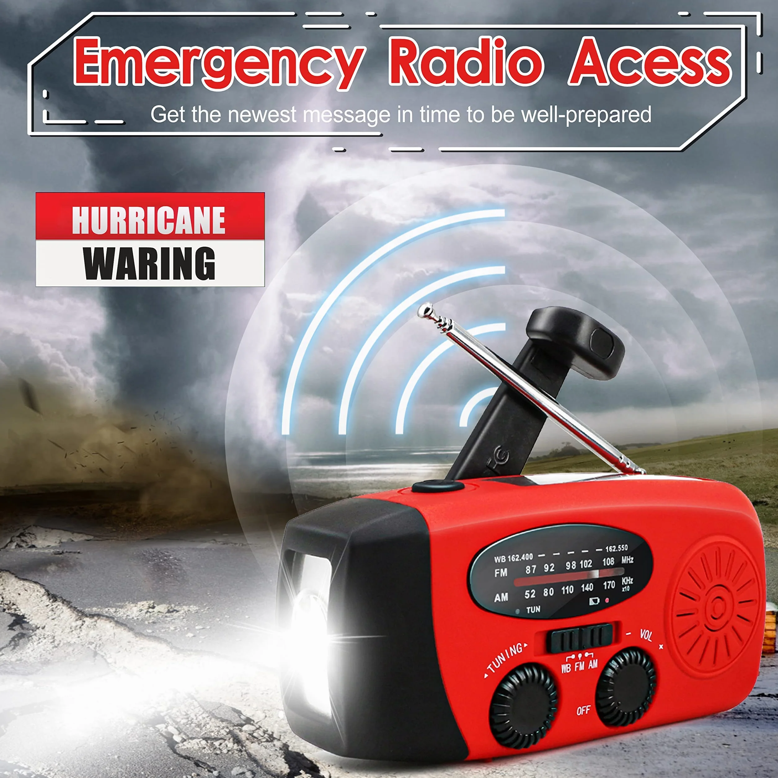 Radio awaryjne z korbą, solarne radio pogodowe z latarką LED/WB/Am/FM, 2000 Mah, ładowanie USB, odpowiednie do użytku na zewnątrz