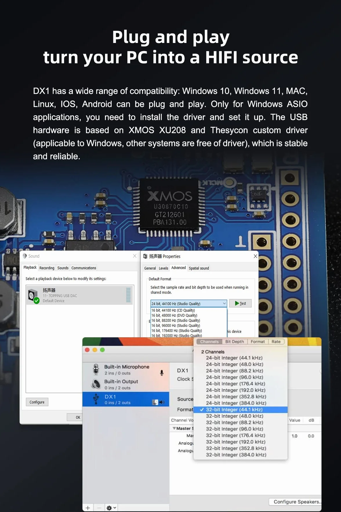 TOPPING DX1 obsługuje do DSD256 i PCM384, THD+N <0,0002%, XMOS, XU208, najnowszy AK4493S, 2 ustawienia wzmacniacza, Hi-Res Audio, DAC i wzmacniacz słuchawkowy (czarny)