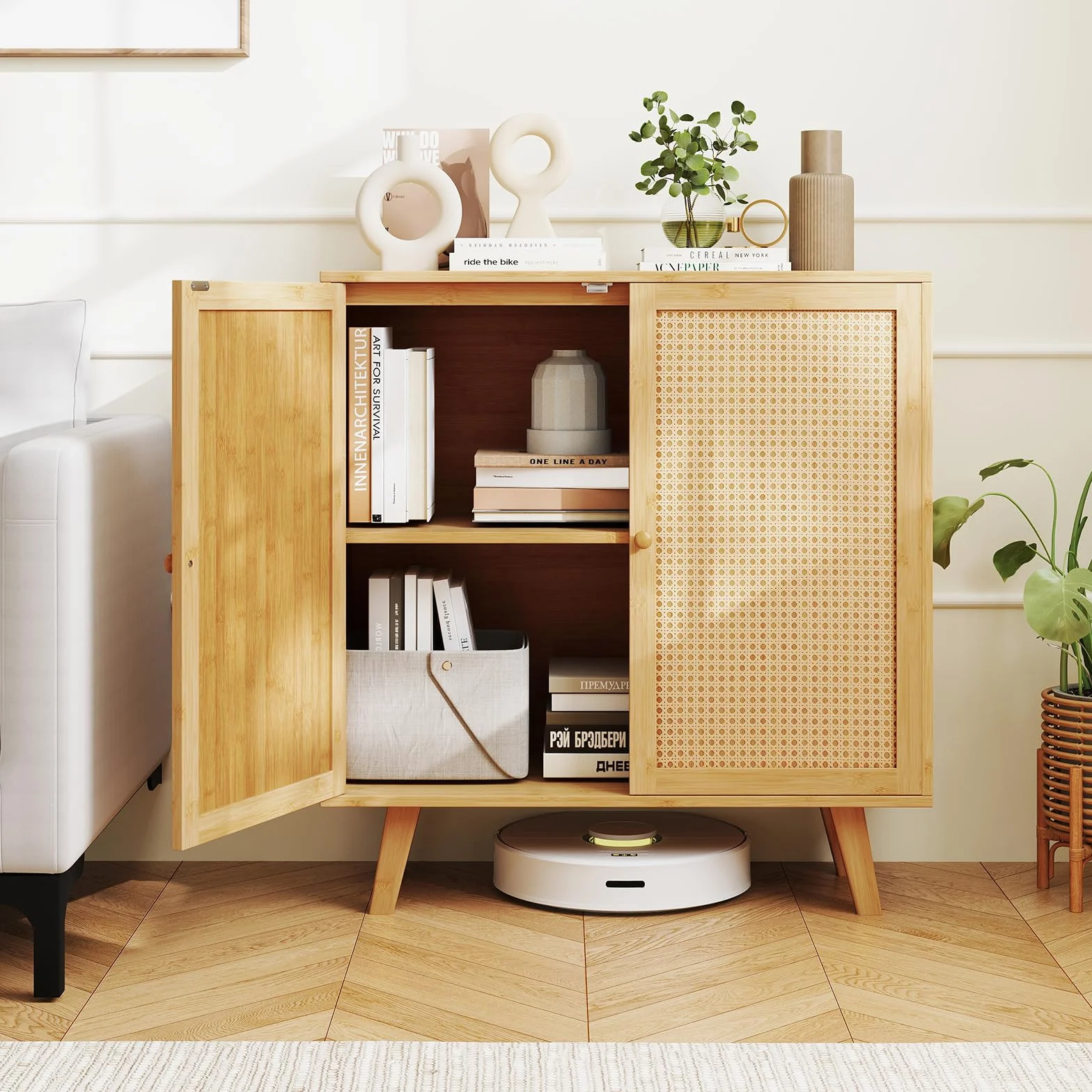 COSTWAY Kredens z rattanowymi drzwiami bambusowa szafka kuchenna z blatem roboczym 80x34.5x85 cm naturalny
