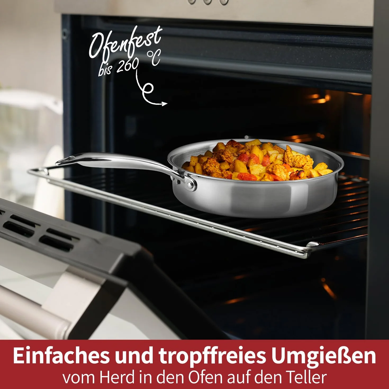 Stainless Steel Frying Pan 24 cm Non-Stick 3-Ply Induction with Aluminum Core Oven-Safe 260°C