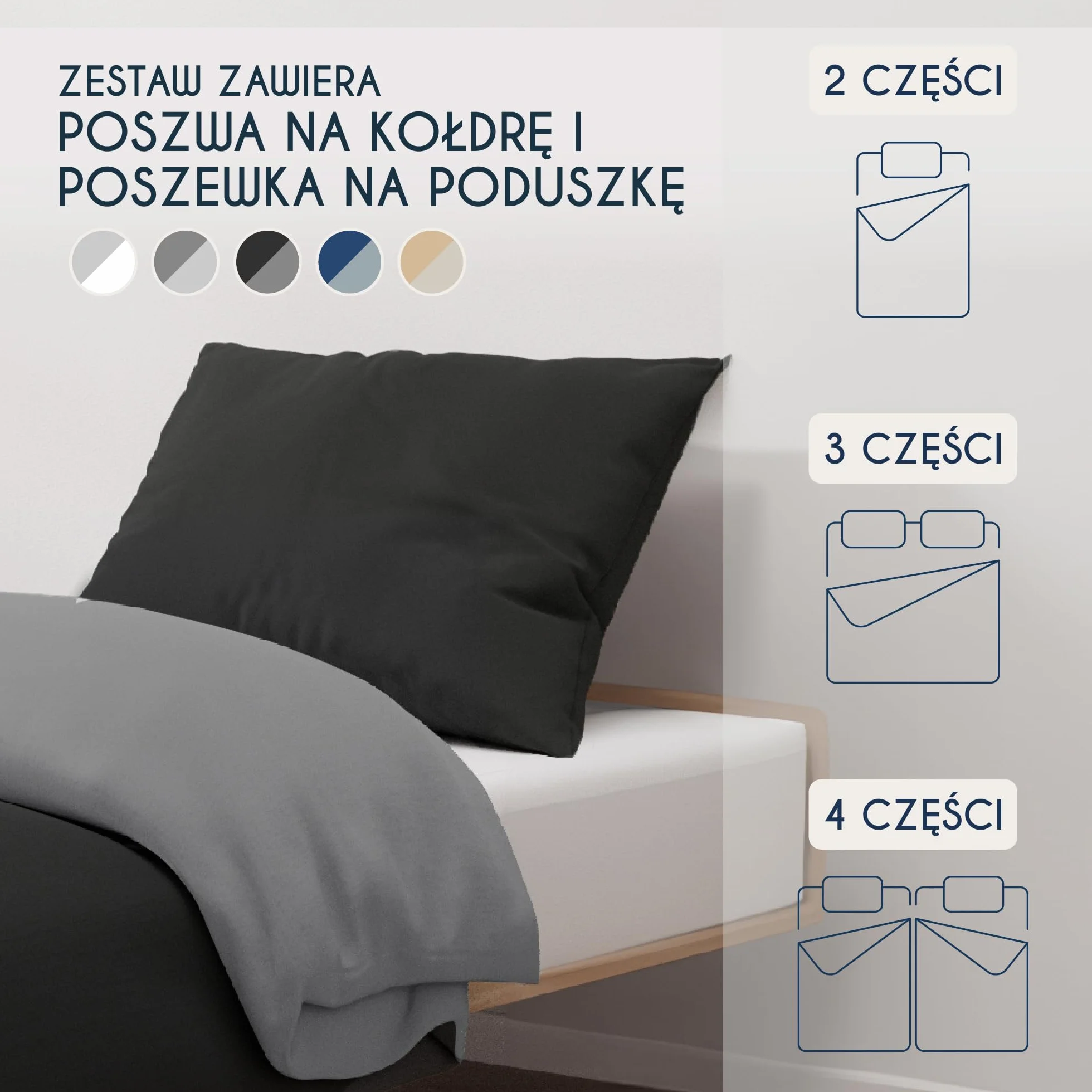Dreamzie Zestaw pościeli 135x200 cm z poszewką 50x70 cm Czarny Ciemnoszary 100% mikrofibra 2 sztuki Oeko-TEX
