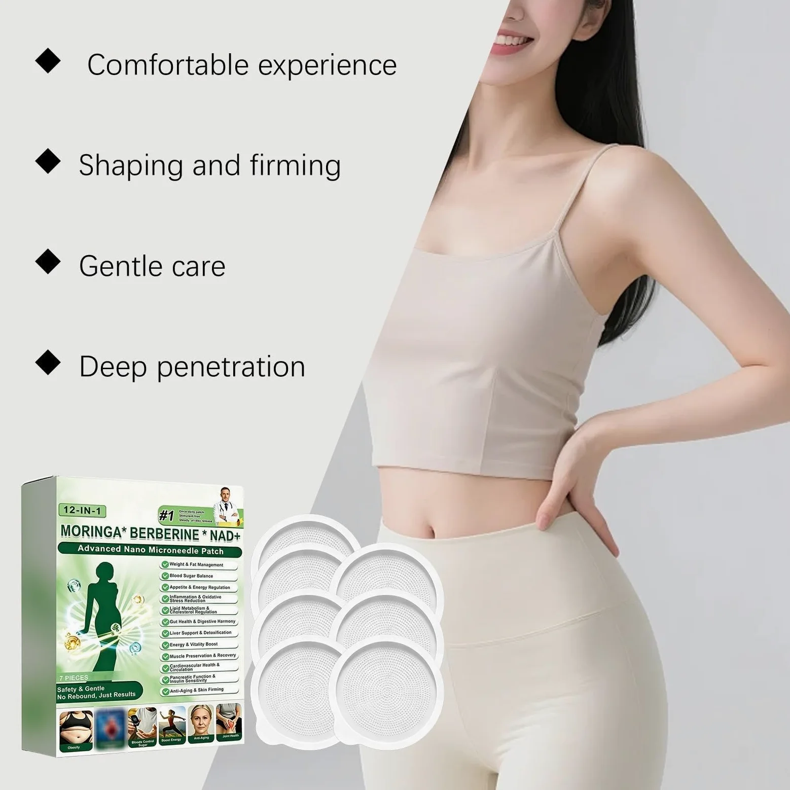 Moringa x Berberine 12 w 1, plaster odchudzający Nano Microneedle | Nano Microneedling niewidoczny - płaski brzuch łatwy w aplikacji, niewidoczny pod ubraniem, idealny dla mężczyzn