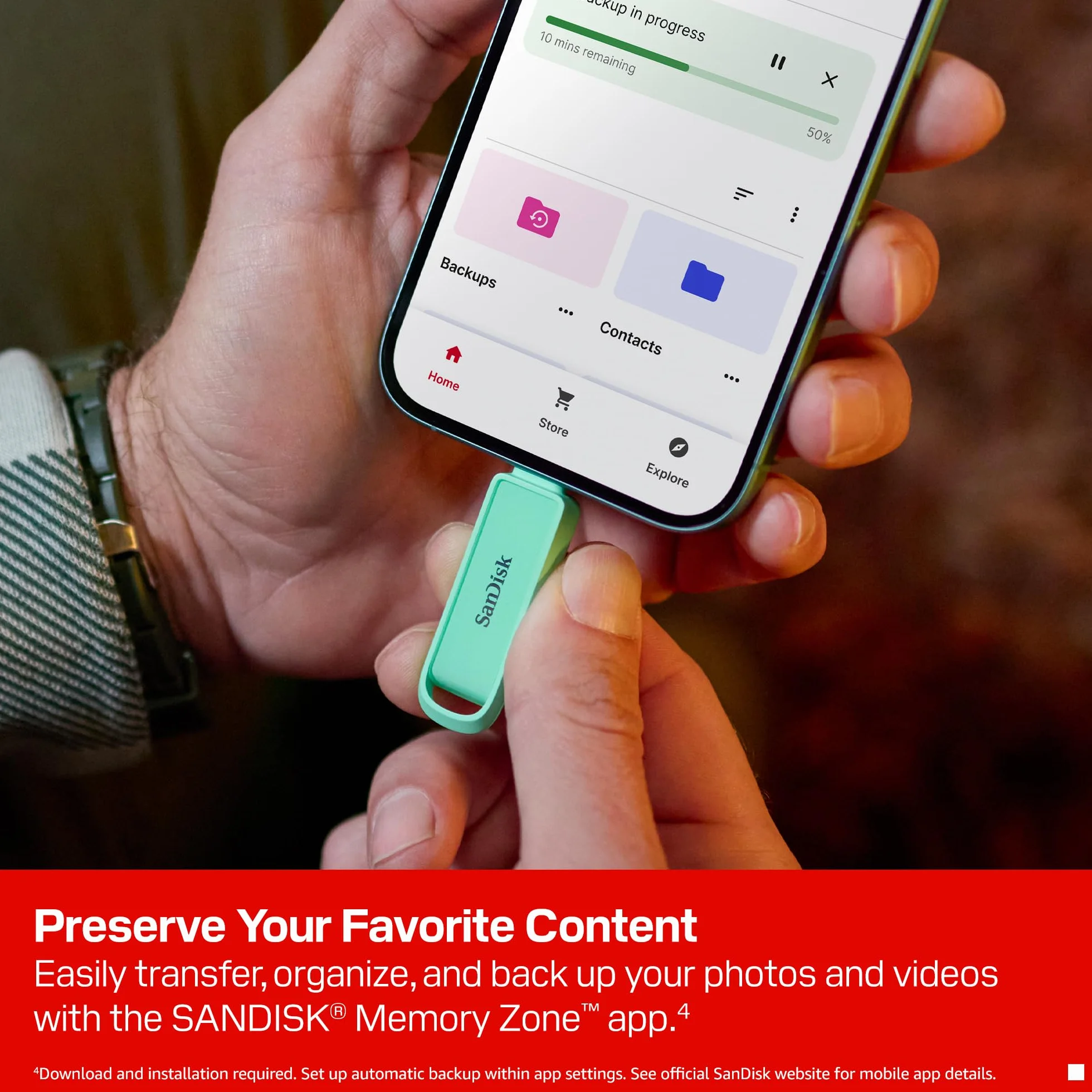 SanDisk Phone Drive z USB Type-C 512 GB (do telefonu, do smartfonów, tabletów i komputerów, prędkością 150 MB/s, Wykonuj automatyczne kopie, Dzięki odzyskiwaniu) - Seafoam Green