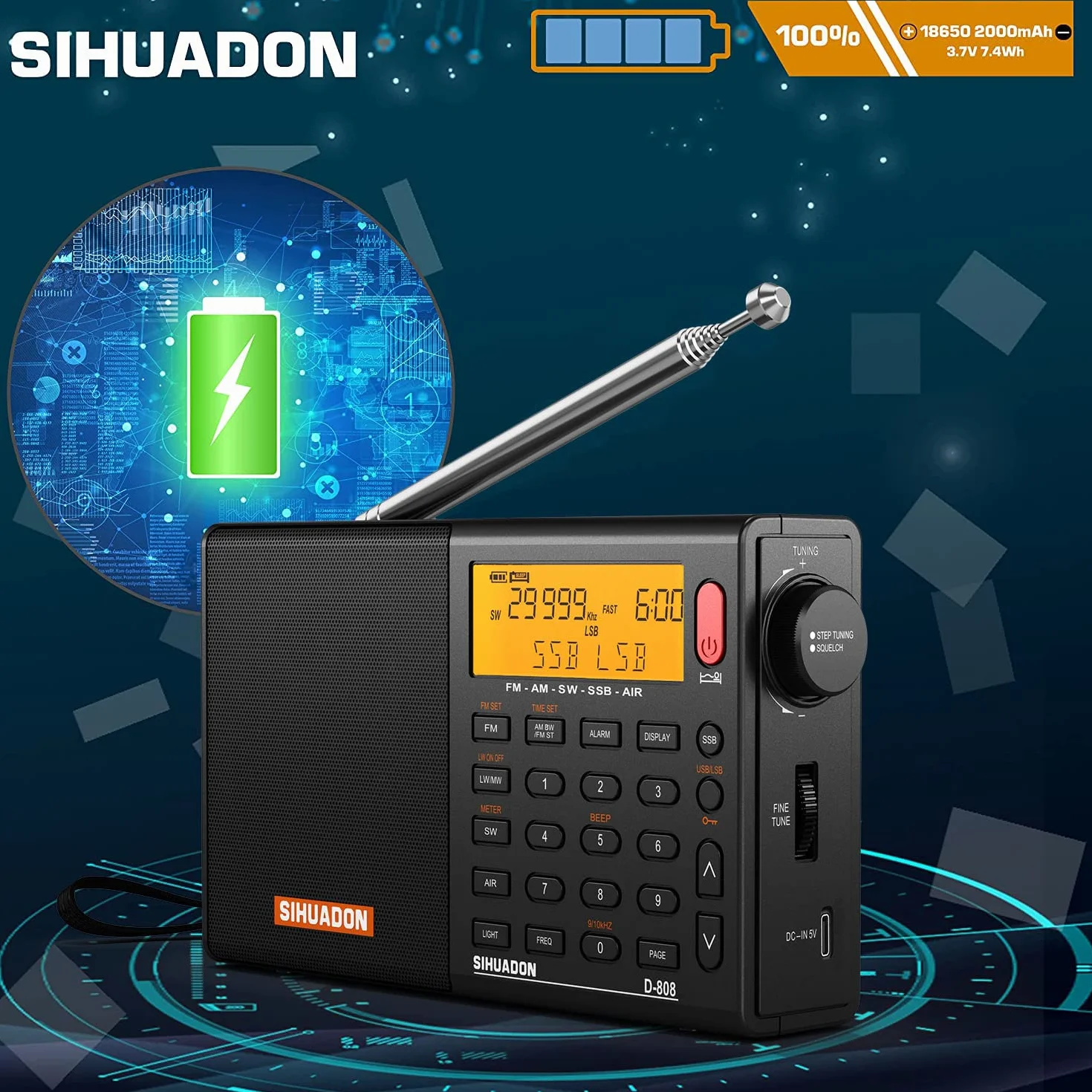 Przenośne radio cyfrowe SIHUADON D808 FM Stereofoniczny KW MW LW SSB AirBand wielopasmowy głośnik radiowy wyświetlacz LCD budzik wyłącznik czasowy czarny