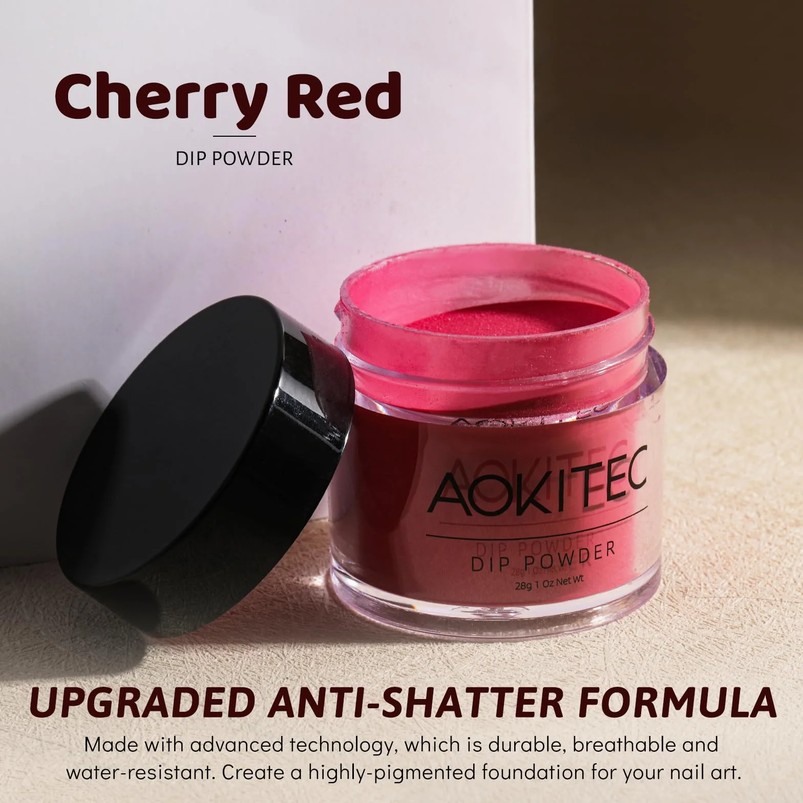 Aokitec Dipping Powder 28 g, klasyczna czerwień, akrylowy proszek do dipowania do długotrwałej stylizacji paznokci, mocne paznokcie, proszek do paznokci dla początkujących i profesjonalnych