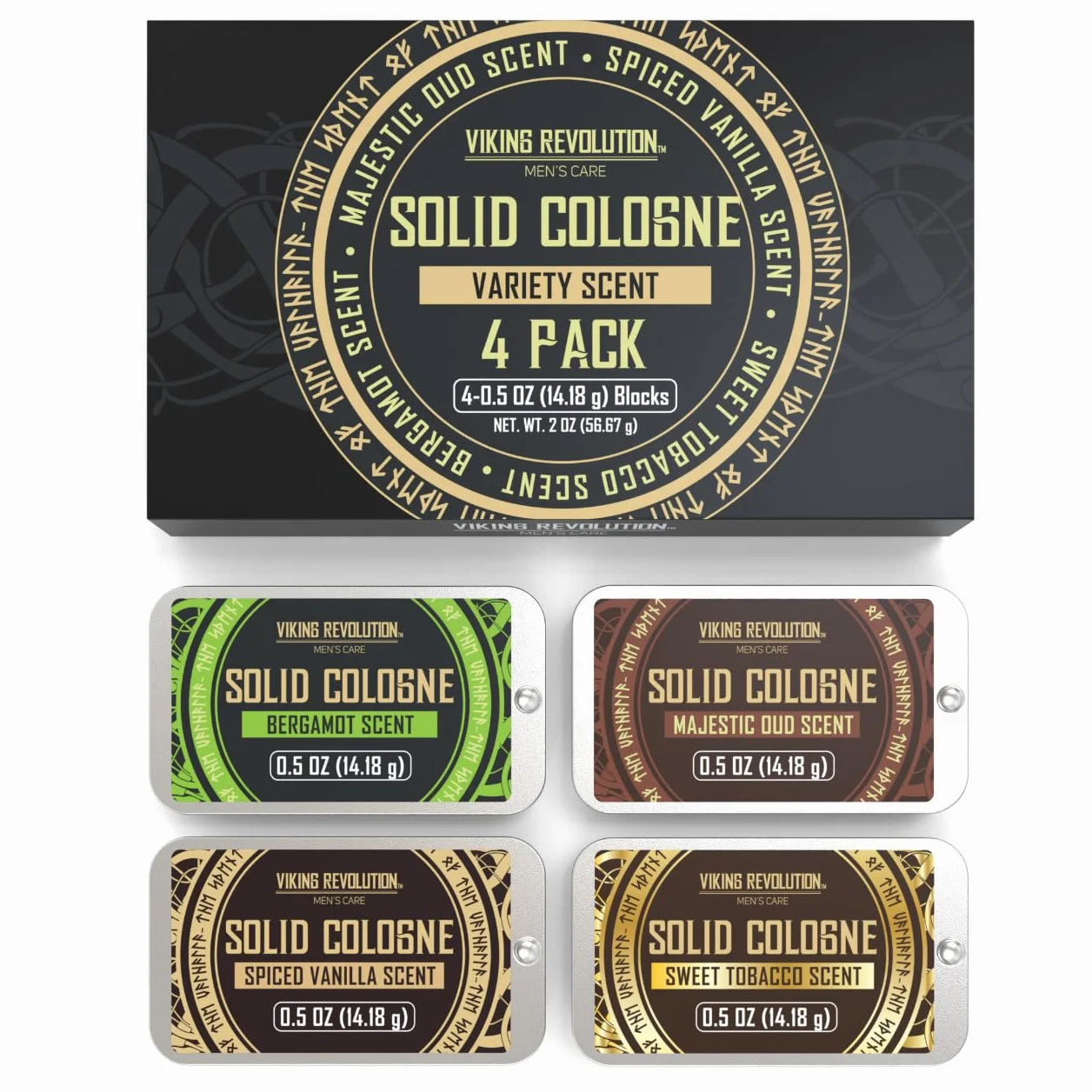Viking Revolution 4-pak męskie kolońskie - 0,5 uncji solidne perfumy ze Spiced Vanilla, Sweet Tobacco, Majestic Oud, Bergamot, Travel Wax Balm Cologne