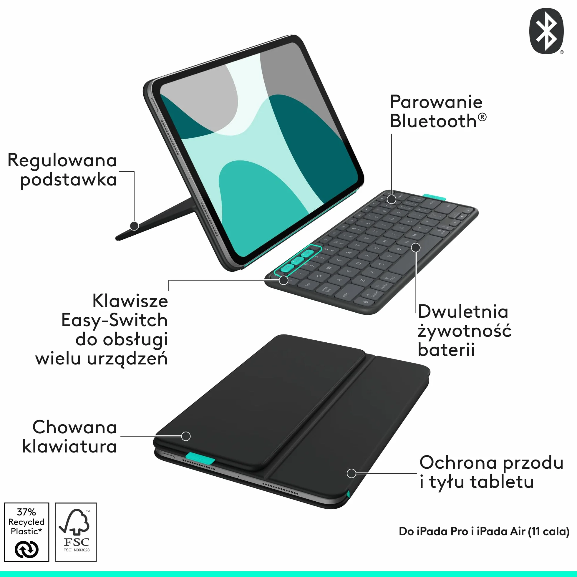 Logitech Flip Folio, etui z klawiaturą do iPada Pro 11 cali (M4 i M5) i iPada Air 11 cali (M2 i M3) (5. generacja — 2024) – chowane etui ochronne do obsługi wielu urządzeń, QWERTY US INT'L – grafitowe