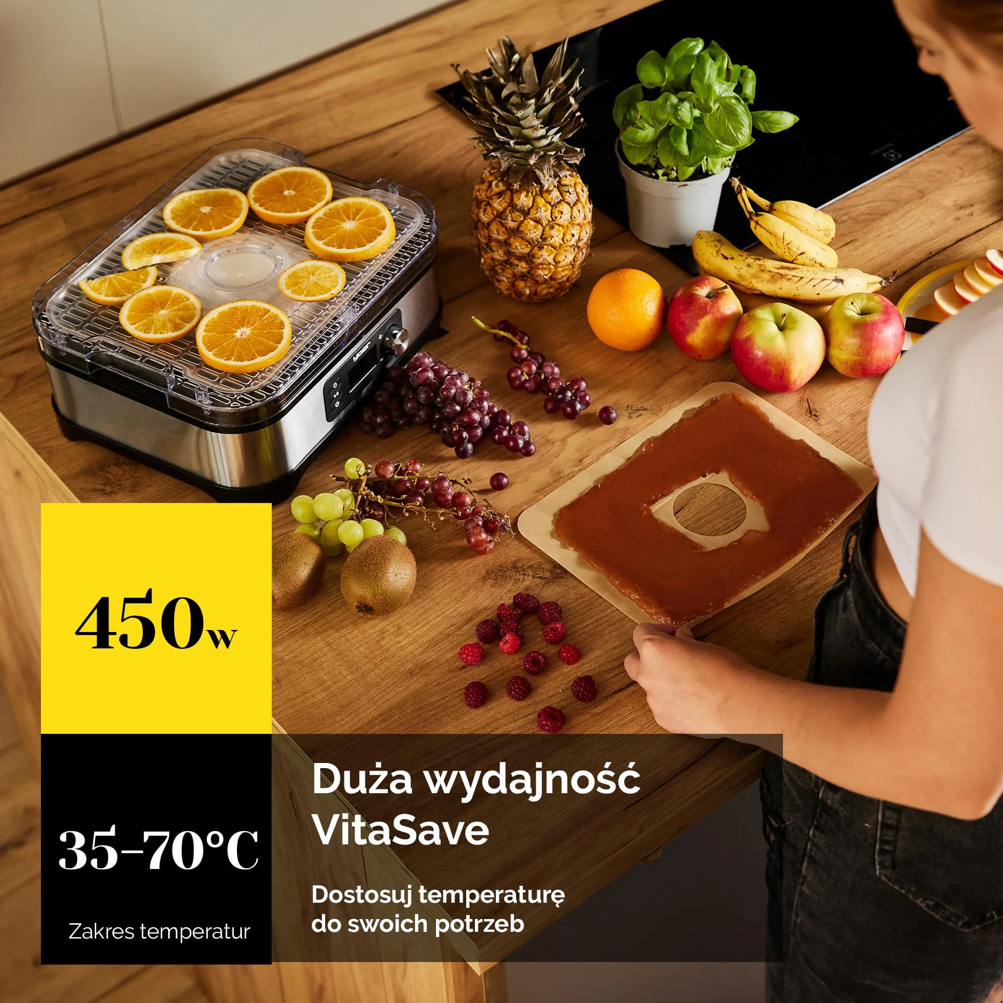 Yoer Suszarka do żywności, Stal nierdzewna, 450W, 6 tacek + 9 akcesoriów, 4725 cm², Timer 24h, wyświetlacz LED, BPA Free, Suszarka do grzybów, owoców i warzyw, dehydrator, VitaSave FD01S