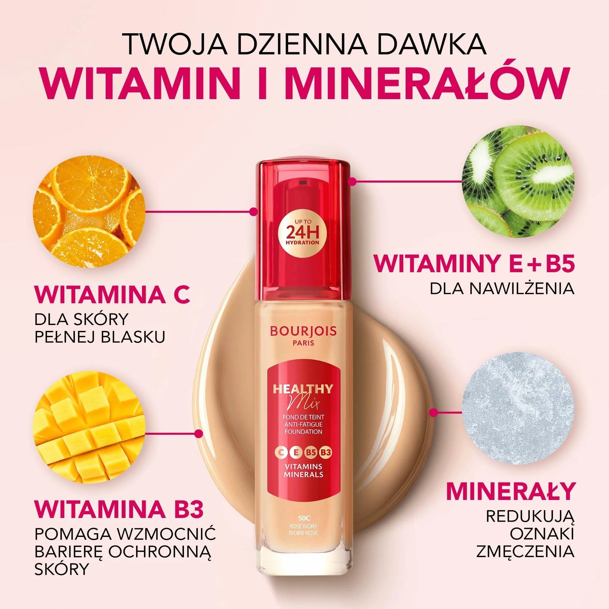 Bourjois Healthy Mix Podkład Niwelujący Oznaki Zmęczenia Z Kompleksem Witamin I Minerałów 52.2W Golden Beige, 30 Ml