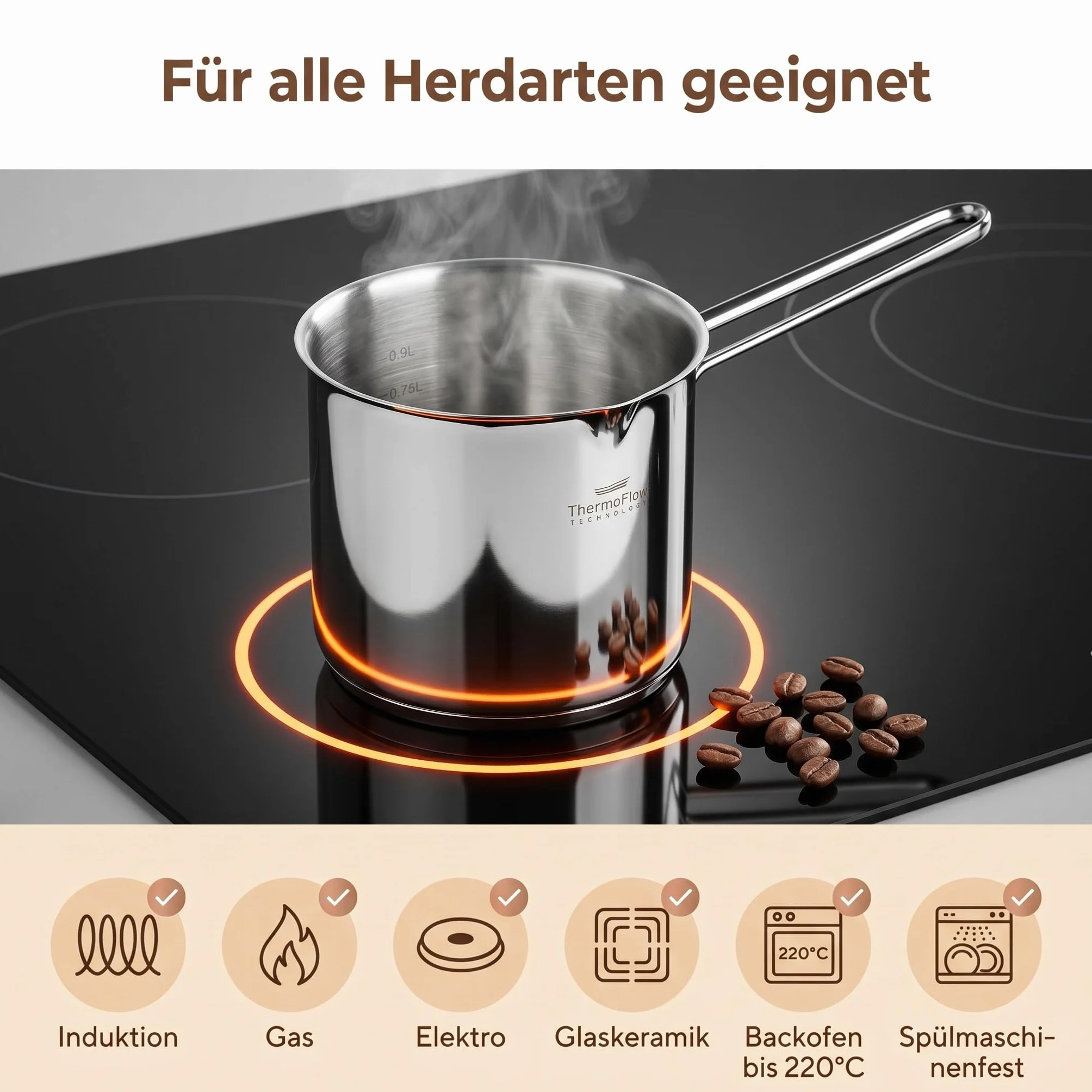 ROSMARINO dzbanek do kawy indukcyjny ze stali szlachetnej 900 ml - nowoczesna turecka kawa Cezve z 3-warstwowym dnem ze stali (900ml)