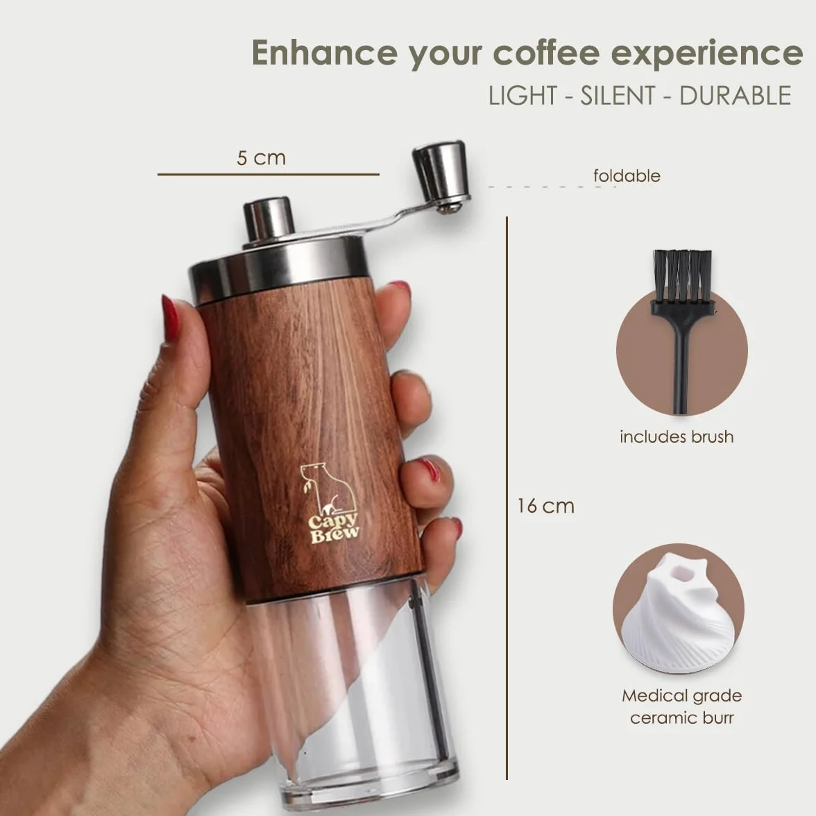 Ręczny młynek do kawy z ceramicznym żarnem i składaną rączką | Zmiel własne ziarna kawy do French Press, moka i espresso | Lekki, cichy i trwały | Drewniany wygląd